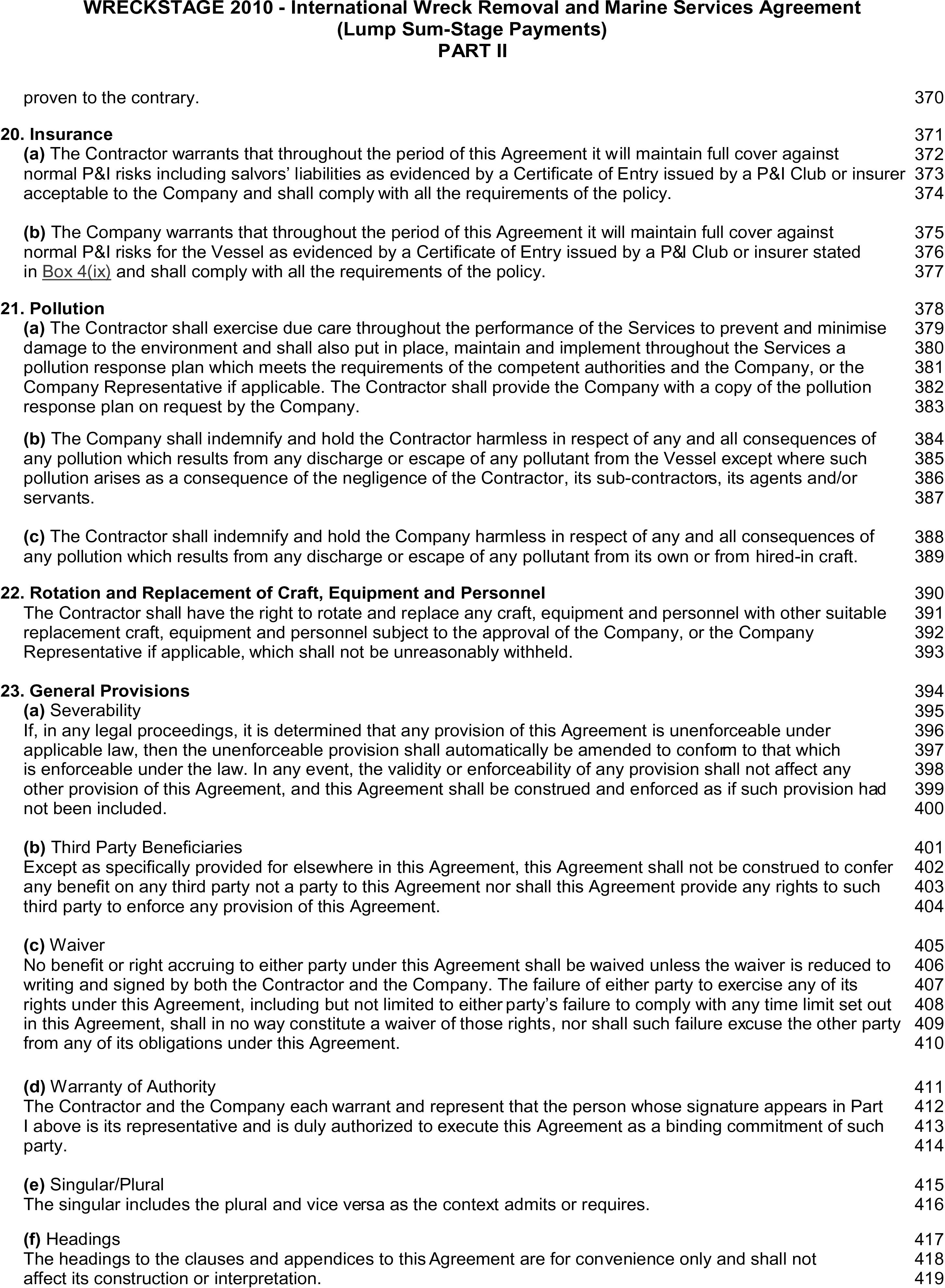 A page of a legal document titled Appendix 23, Part II of the WRECKSTAGE 2010 - International Wreck Removal and Marine Services Agreement. The page contains clauses 20 through 23, with headings for Insurance, Pollution, Rotation and Replacement of Craft, Equipment and Personnel, and General Provisions. Each clause has multiple subsections. Line numbers from 370 to 419 run down the right margin of the page.