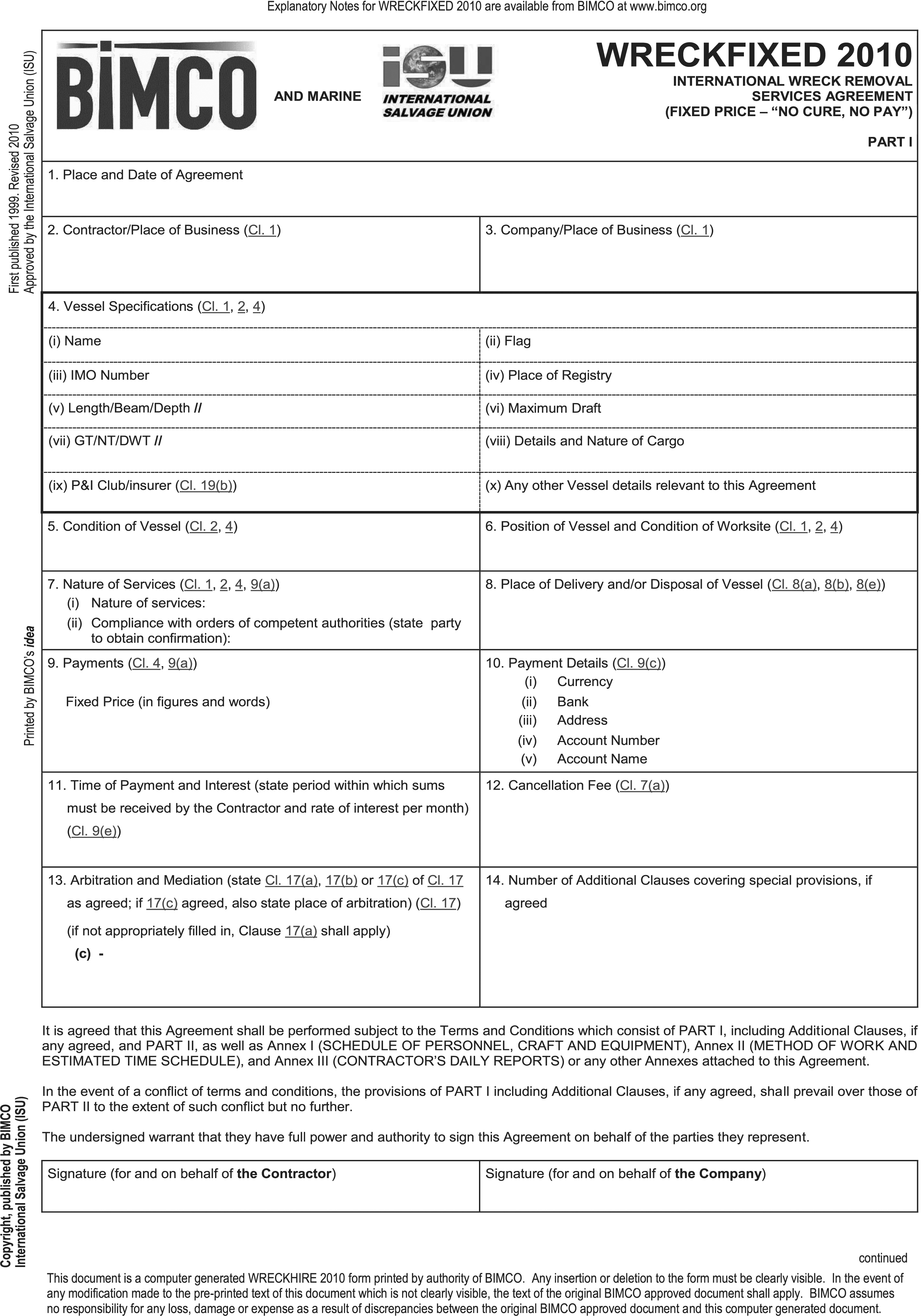 A document titled Appendix 24, Wreckfixed 2010, which is Part I of the International Wreck Removal Services Agreement. The form contains logos for BIMCO and the International Salvage Union. The page is a grid with 14 numbered boxes for details such as Place and Date of Agreement, Contractor, Company, Vessel Specifications, and Payment Details. Below the grid are paragraphs of text and signature boxes for the Contractor and the Company. A footer states this is a computer-generated form reproduced by permission of BIMCO.