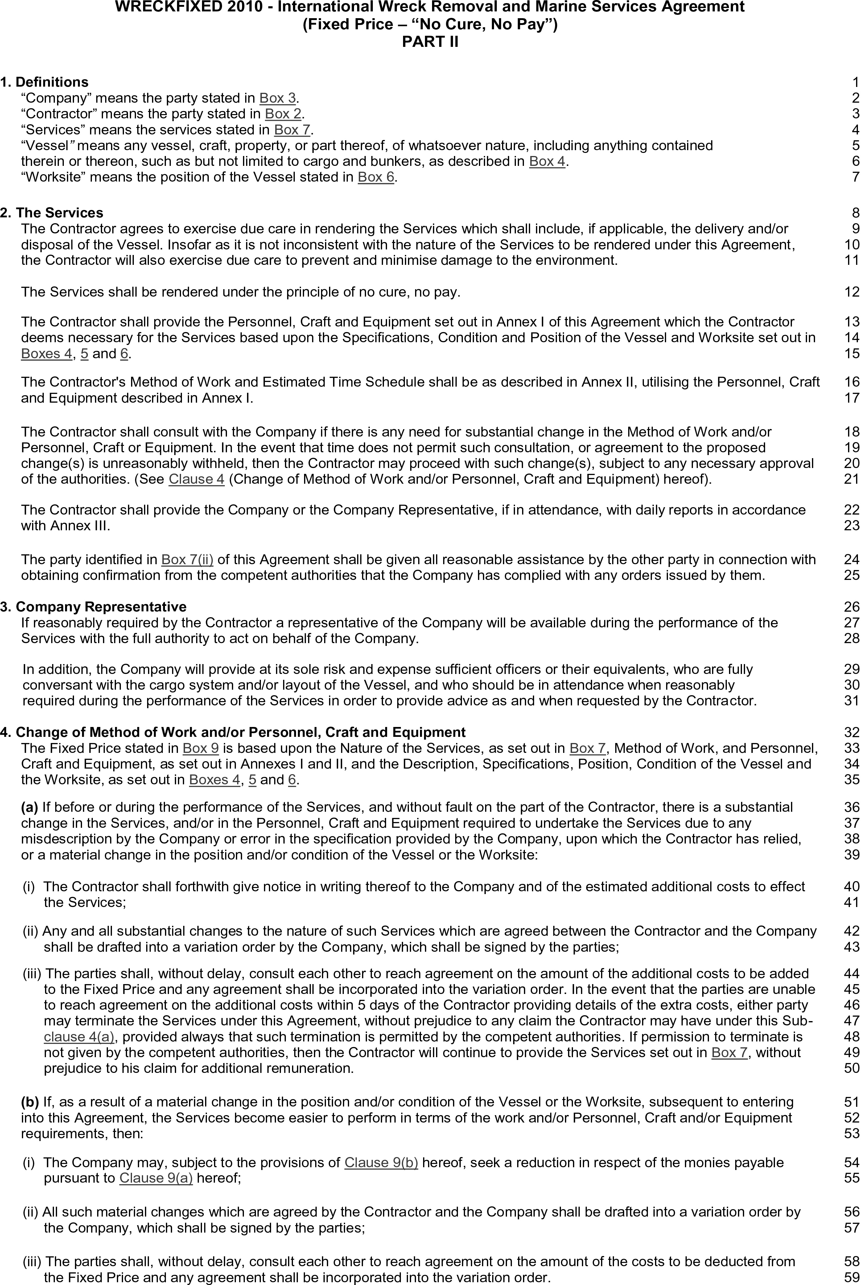A document page titled Appendix 24, Part II, of the Wreckfixed 2010 International Wreck Removal and Marine Services Agreement. The page contains four numbered sections outlining the agreement’s terms. The sections are titled 1. Definitions, 2. The Services, 3. Company Representative, and 4. Change of Method of Work and/or Personnel, Craft and Equipment. The text is line-numbered from 1 to 59 on the right margin.