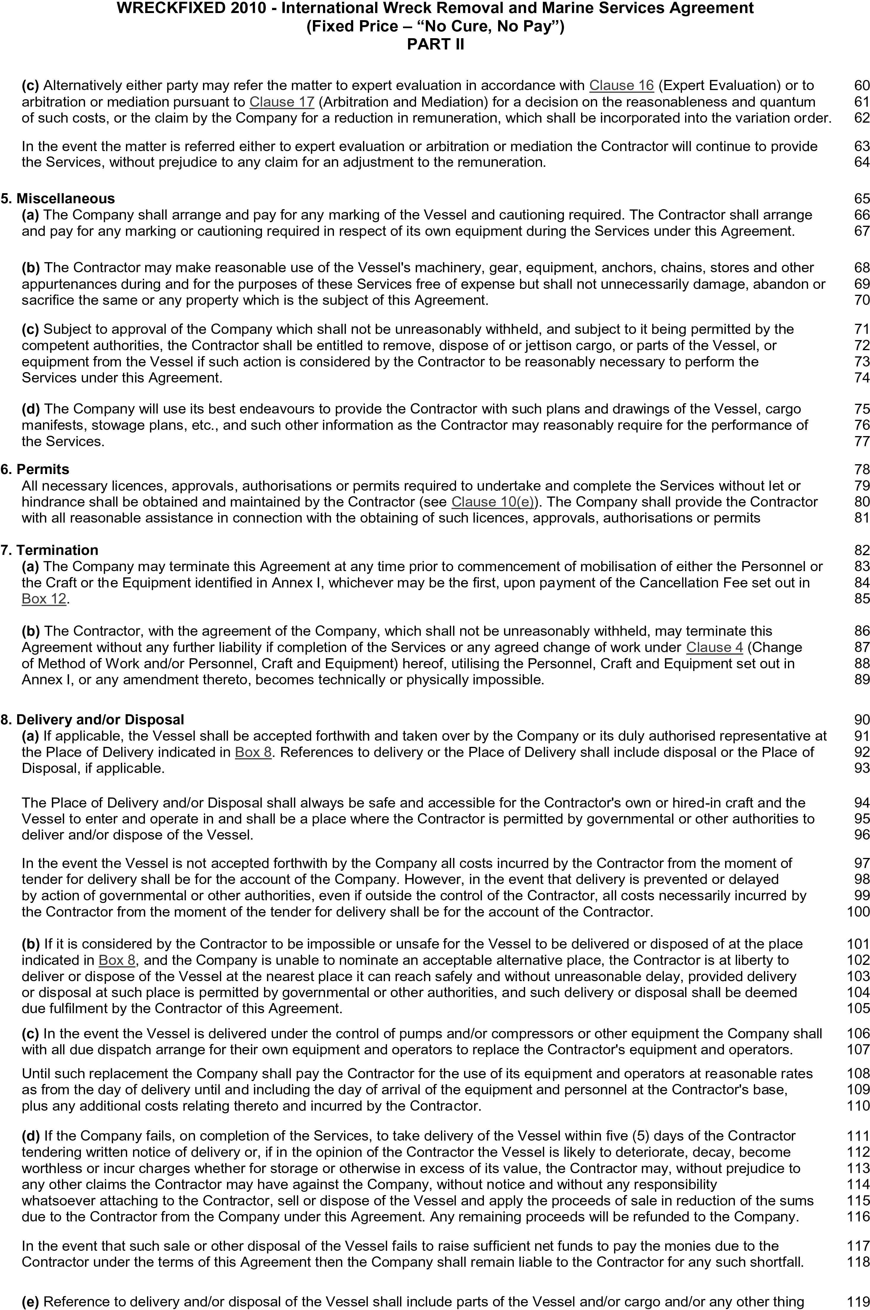 A page from a legal document titled Appendix 24, Wreckfixed 2010, Part II. The page contains numbered sections of an agreement, with line numbers running down the right margin from 60 to 119. The main section headings are 5. Miscellaneous, 6. Permits, 7. Termination, and 8. Delivery and/or Disposal. Each section is further divided into lettered subsections detailing specific clauses of the agreement.