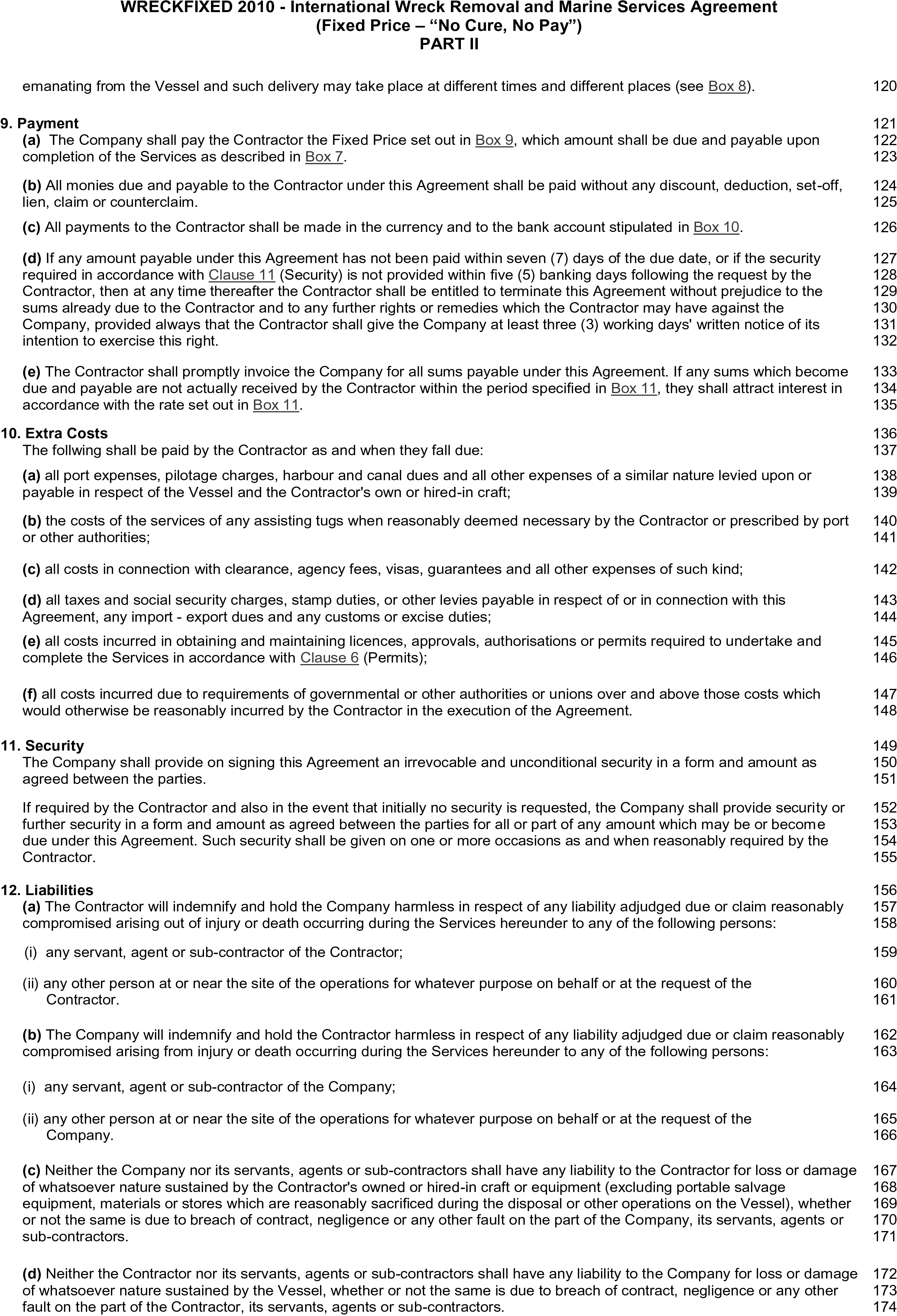 A document page from the Wreckfixed 2010 agreement, labeled Appendix 24, Part II. The page contains clauses from the International Wreck Removal and Marine Services Agreement. The sections detailed are clause 9, Payment; clause 10, Extra Costs; clause 11, Security; and clause 12, Liabilities. Each clause is broken down into multiple sub-clauses. Line numbers from 120 to 174 are listed in the right margin of the document.