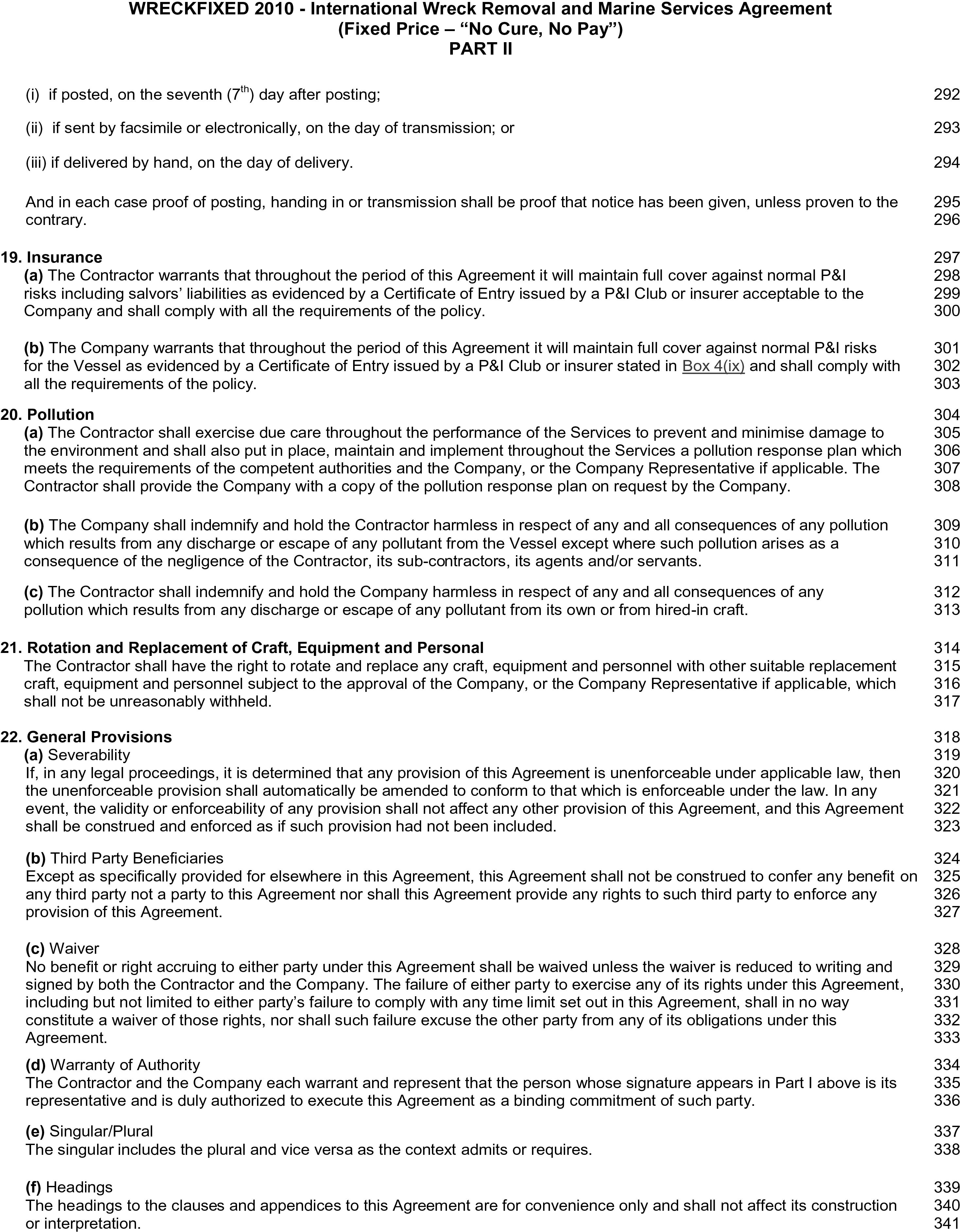 A page from the WRECKFIXED 2010 International Wreck Removal and Marine Services Agreement, labeled Appendix 24 and Part II. The page is formatted in a single column with line numbers on the right. It details several clauses, starting with number 19, Insurance, and number 20, Pollution. It is followed by clause 21, Rotation and Replacement of Craft, Equipment and Personal, and clause 22, General Provisions. The General Provisions clause is further divided into sub-clauses covering topics such as severability, waiver, and warranty of authority.