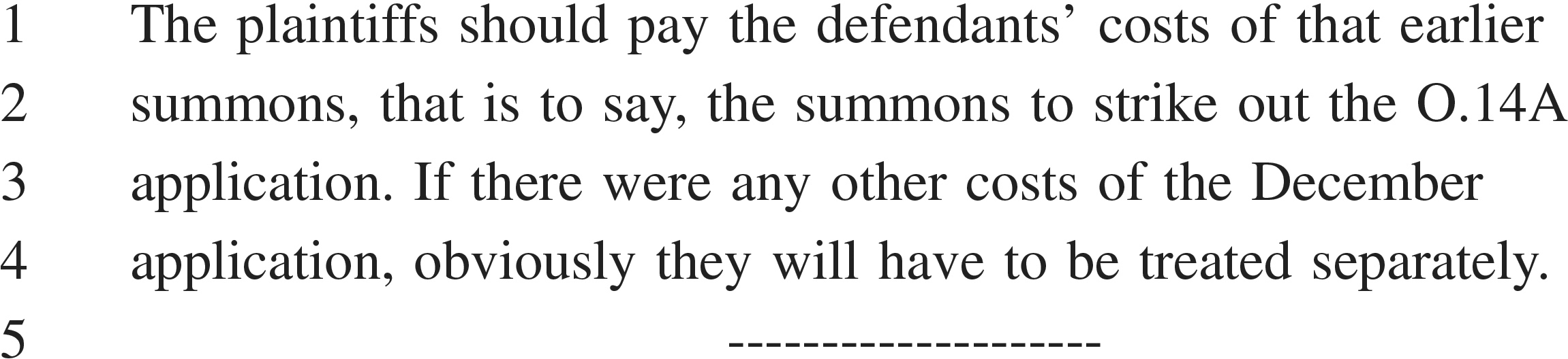 A page from a document, labeled APPENDIX 28, contains a short legal text with lines numbered 1 to 5. The text states that the plaintiffs must pay the defendants’ costs for an earlier summons, specifically one to strike out an O.14A application. It also notes that any other costs from the December application must be handled separately. The text concludes with a line of dashes.
