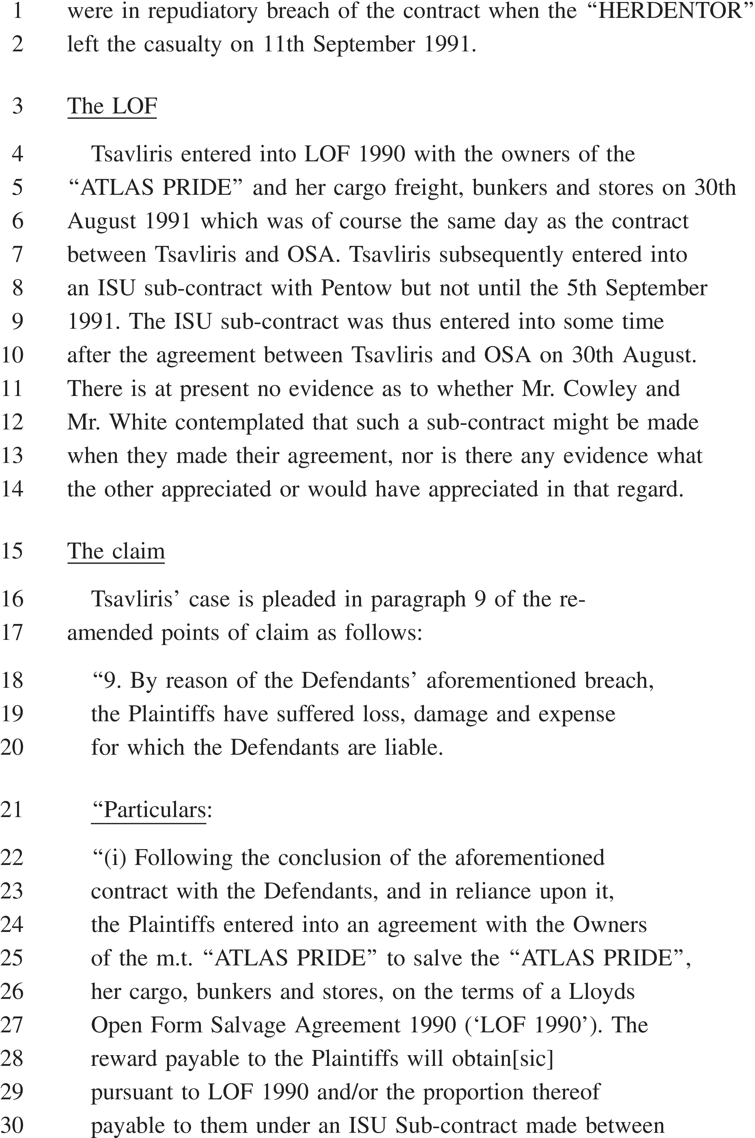 A document page labeled APPENDIX 28 with numbered lines details a legal case. A section titled“The LOF” outlines contracts between Tsavliris, OSA, and Pentow regarding the vessel“ATLAS PRIDE” in 1991. A section on“The claim” states that the Plaintiffs suffered losses due to the Defendants’ breach. A“Particulars” section describes the Plaintiffs’ entry into a Lloyds Open Form Salvage Agreement 1990 to salvage the vessel, detailing the reward payable.