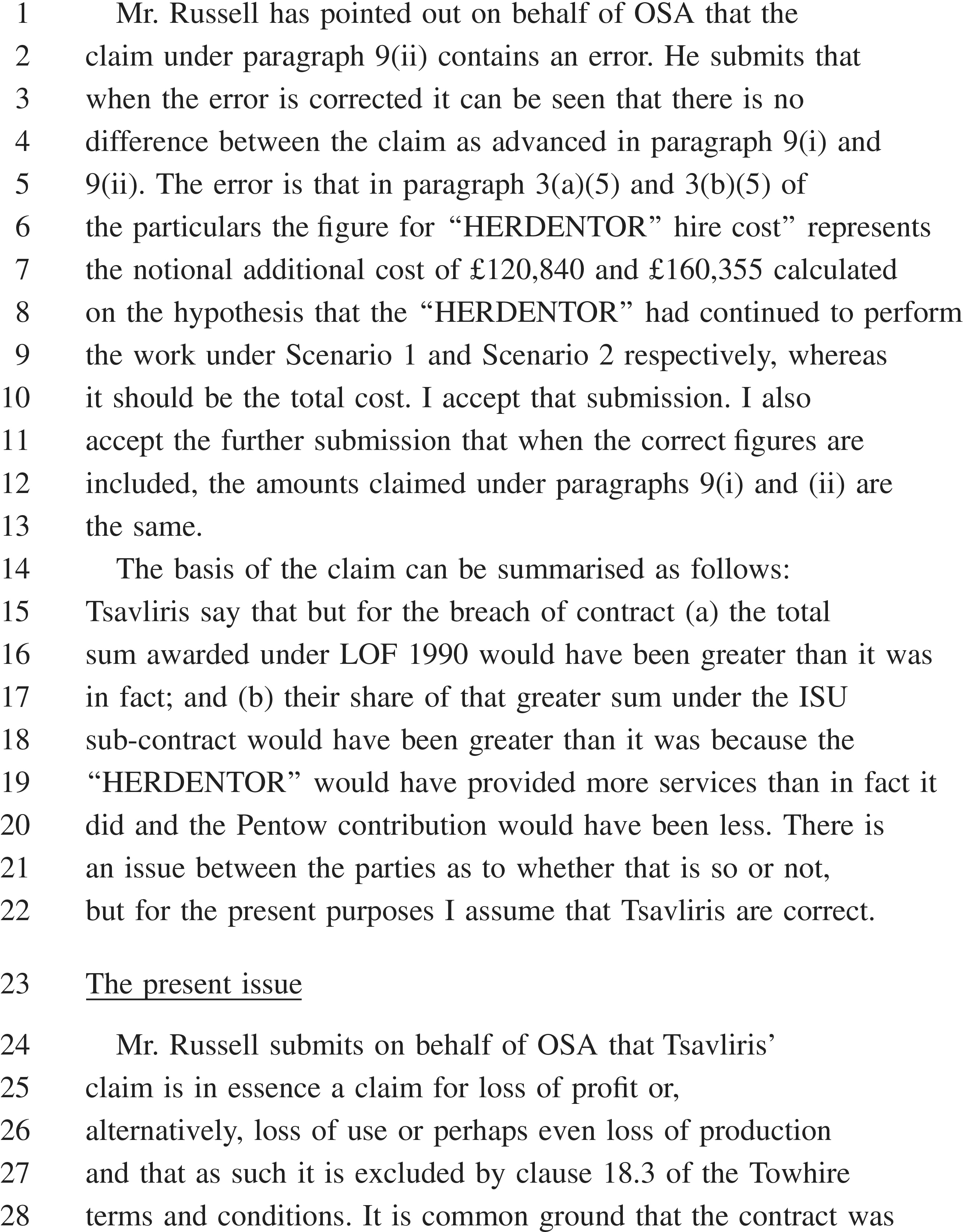 A document page labeled APPENDIX 28, with lines numbered 1 to 28, presents a legal argument. It begins with Mr. Russell’s submission on behalf of OSA, identifying a calculation error in a claim regarding ’HERDENTOR’ hire costs. The text then summarizes the basis of Tsavliris’ claim, which asserts that a breach of contract resulted in a lower award under LOF 1990. Under the subheading ’The present issue,’ Mr. Russell contends that the claim is for loss of profit and is therefore excluded by clause 18.3 of the Towhire agreement.