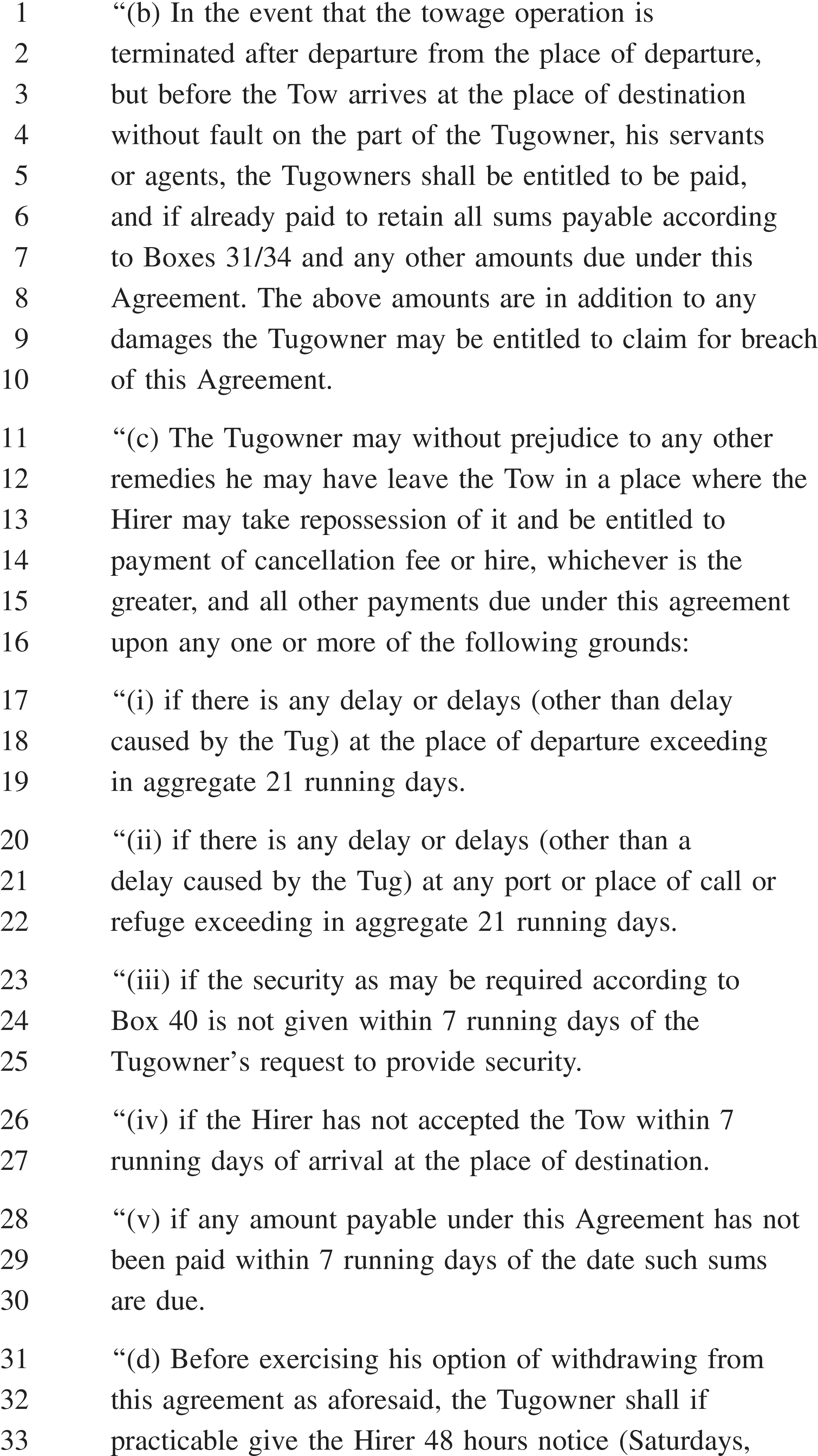 A page from a legal document, labeled APPENDIX 28, with text numbered from 1 to 33. The text details conditions under which a Tugowner can act. Clause (b) states the Tugowner is entitled to payment if a towage operation is terminated early through no fault of their own. Clause (c) lists grounds for the Tugowner to leave the Tow and claim a fee, including delays exceeding 21 days, failure to provide security, non-acceptance of the Tow by the Hirer, or non-payment. Clause (d) requires the Tugowner to give the Hirer 48 hours notice before withdrawing from the agreement.
