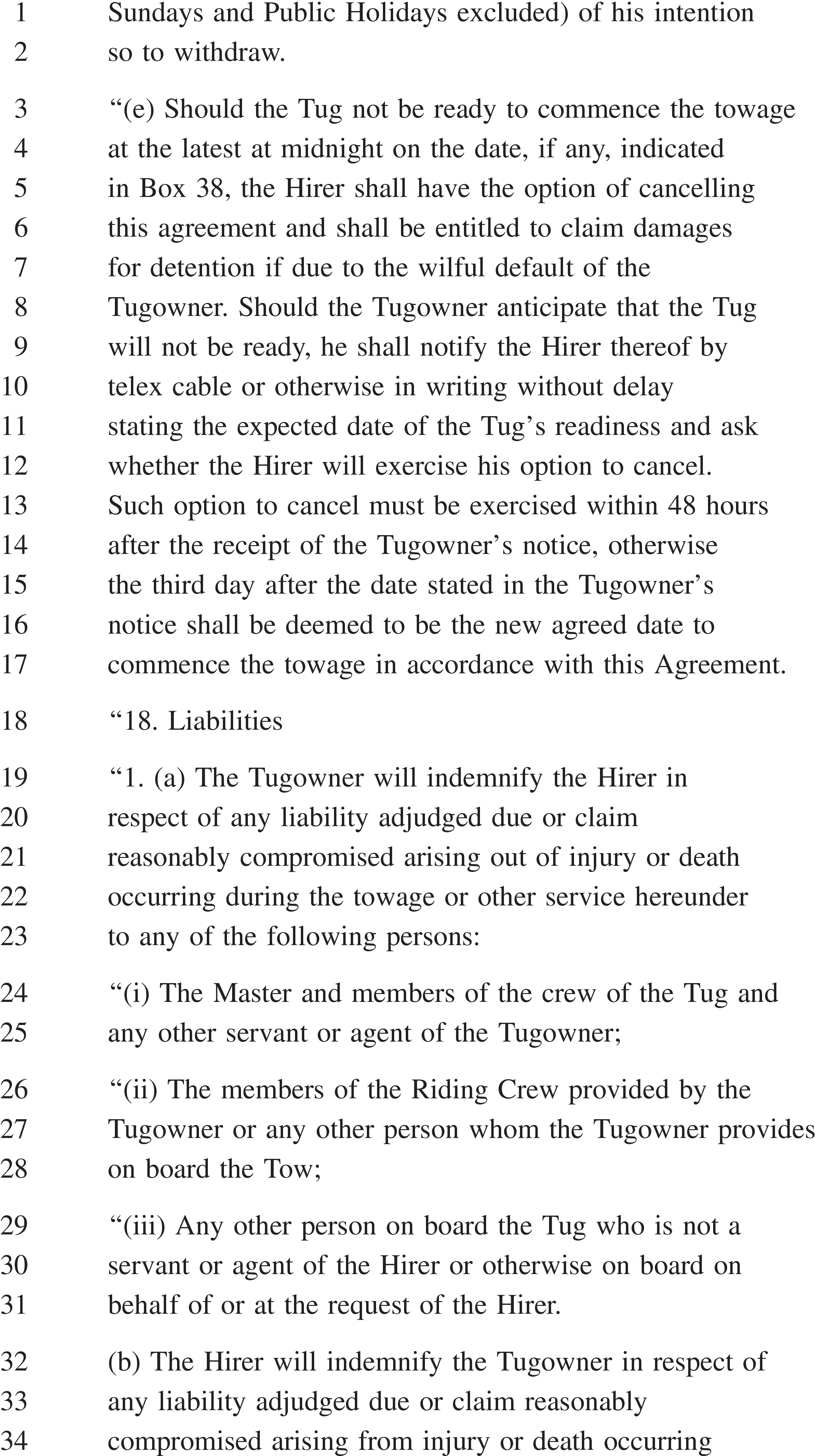 A page from a legal document labeled APPENDIX 28 with text numbered 1 to 34. A clause gives the“Hirer” the option to cancel the agreement if the“Tug” is not ready, detailing the notification process and timeline. Clause 18,“Liabilities,” specifies that the“Tugowner” will indemnify the Hirer for claims arising from injury or death to the Tug’s master and crew, the riding crew, or any other person on board the Tug not associated with the Hirer. A final clause begins to state that the Hirer will indemnify the Tugowner, but the text is incomplete.