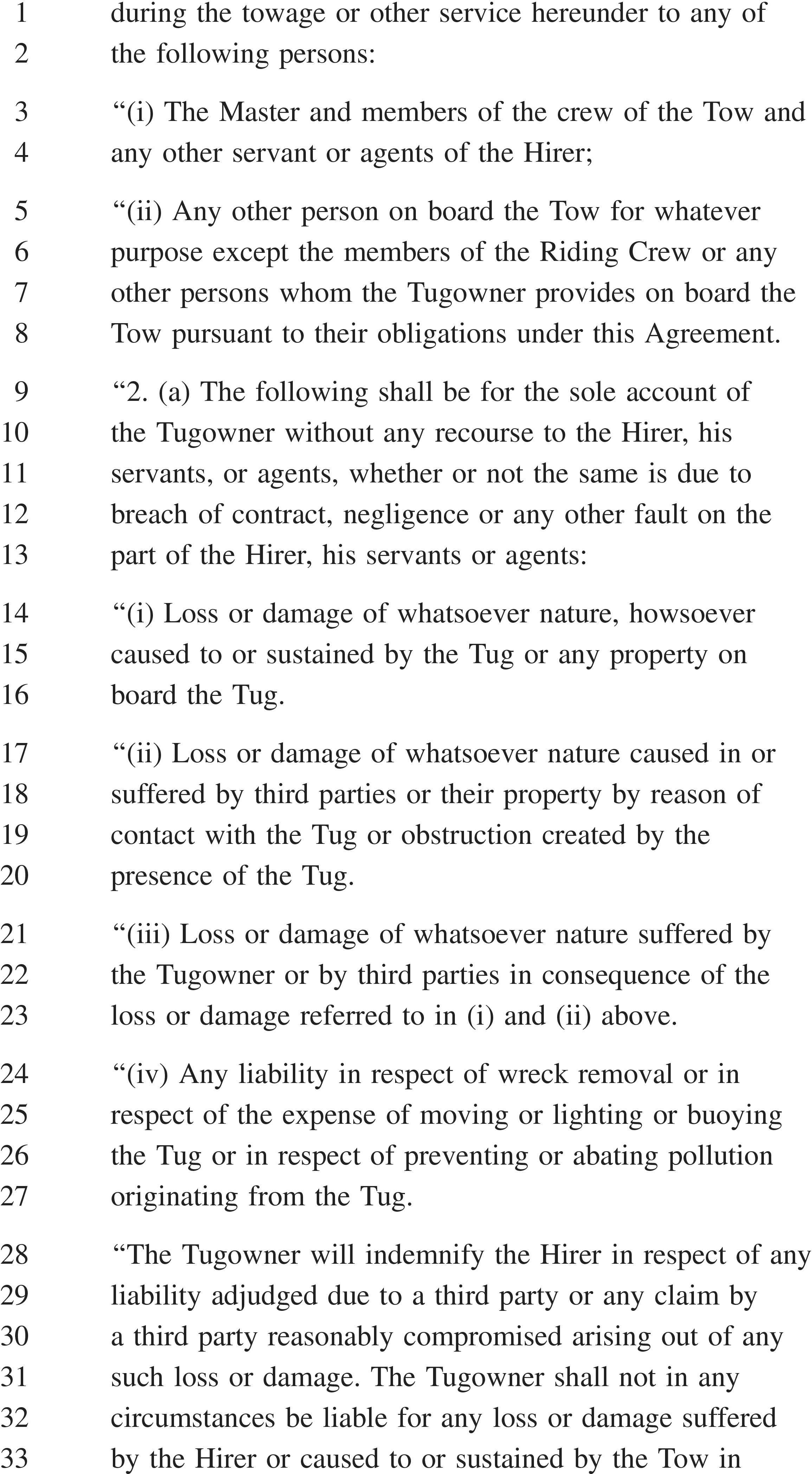 A page from a document labeled APPENDIX 28 with text numbered from 1 to 33. The text details liabilities that are the sole responsibility of the Tugowner in a towage agreement. These liabilities include loss or damage to the Tug or to third parties, as well as costs related to wreck removal and pollution prevention. The document concludes with a clause stating that the Tugowner will indemnify the Hirer against third-party claims but will not be liable for damage suffered by the Hirer or the Tow.