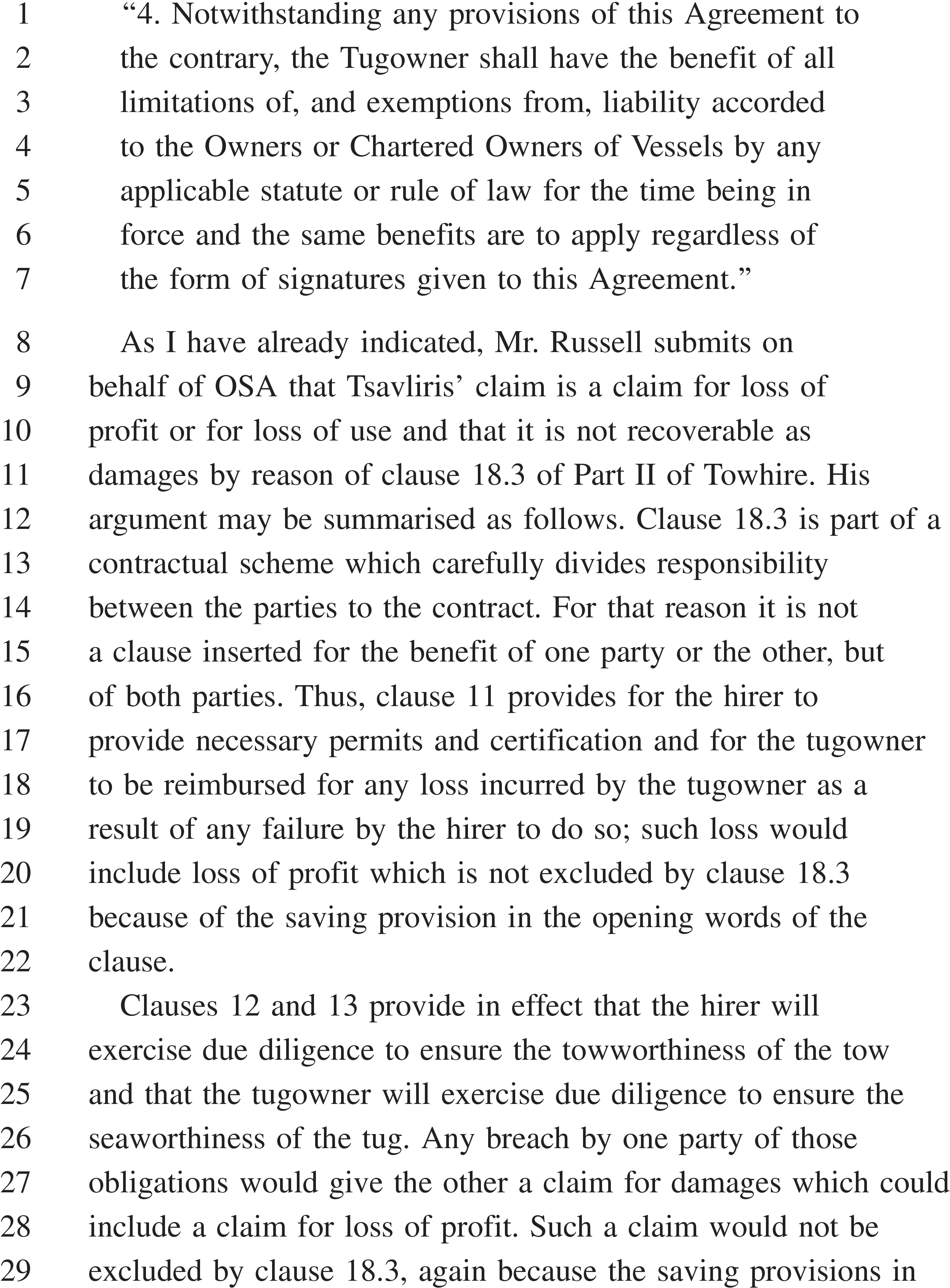 A page from a legal document, labeled APPENDIX 28, with text numbered 1 to 29. The text analyzes several contract clauses, arguing that claims for loss of profit are not excluded by clause 18.3. It states that under clause 11, a hirer’s failure to provide permits can lead to such a claim. Similarly, clauses 12 and 13 establish that a breach of due diligence regarding the tow’s tow-worthiness or the tug’s seaworthiness could also result in a claim for loss of profit not barred by clause 18.3.