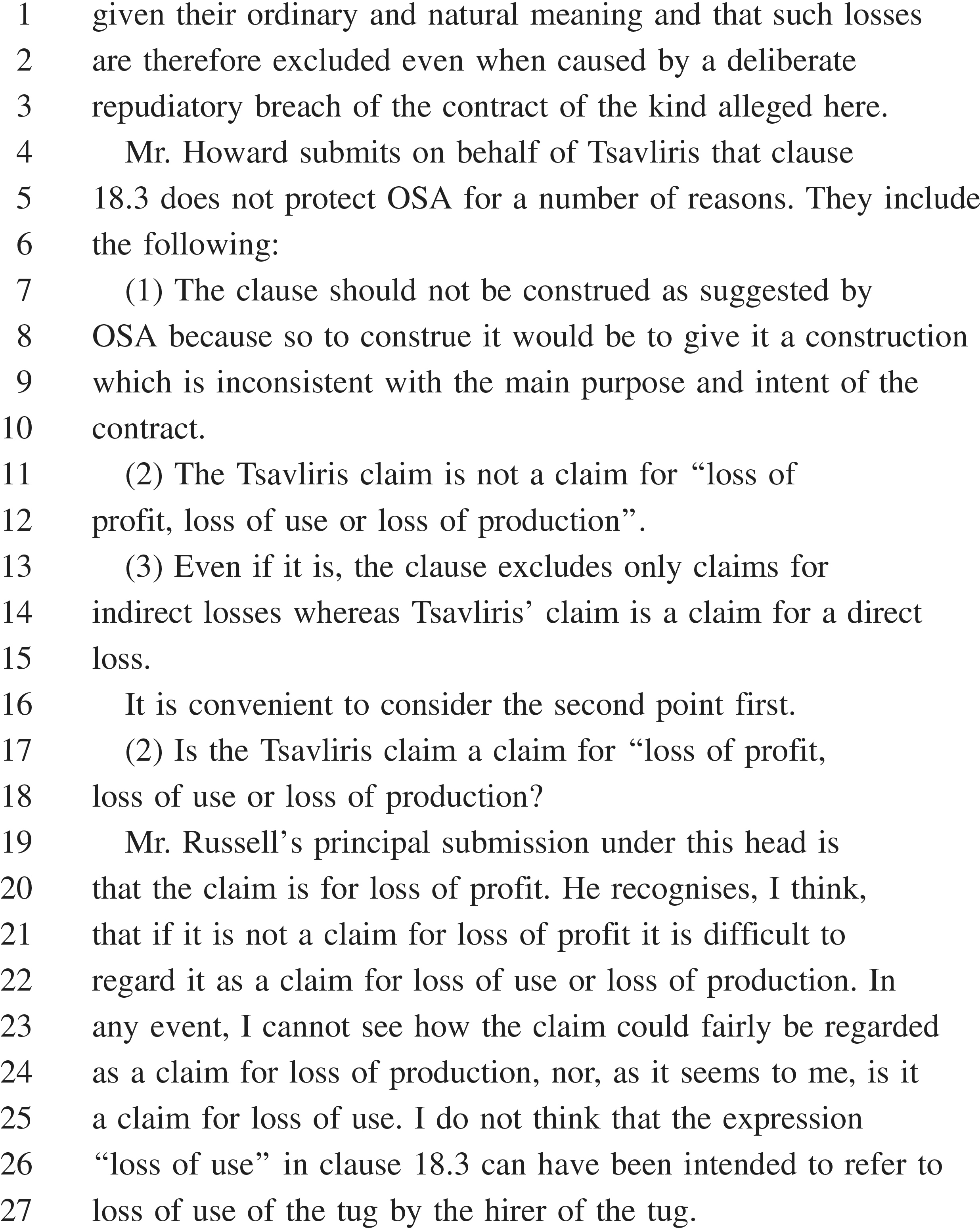 A page from a legal document, labeled APPENDIX 28, with text numbered 1 to 27. The text outlines arguments on behalf of Tsavliris against OSA regarding contract clause 18.3. Three points are made: the clause’s construction is inconsistent with the contract’s intent; the claim is not for“loss of profit, loss of use or loss of production”; and the claim is for a direct loss, not an indirect one. The document then begins an analysis of the second point, discussing the nature of the claim and the interpretation of“loss of use.”