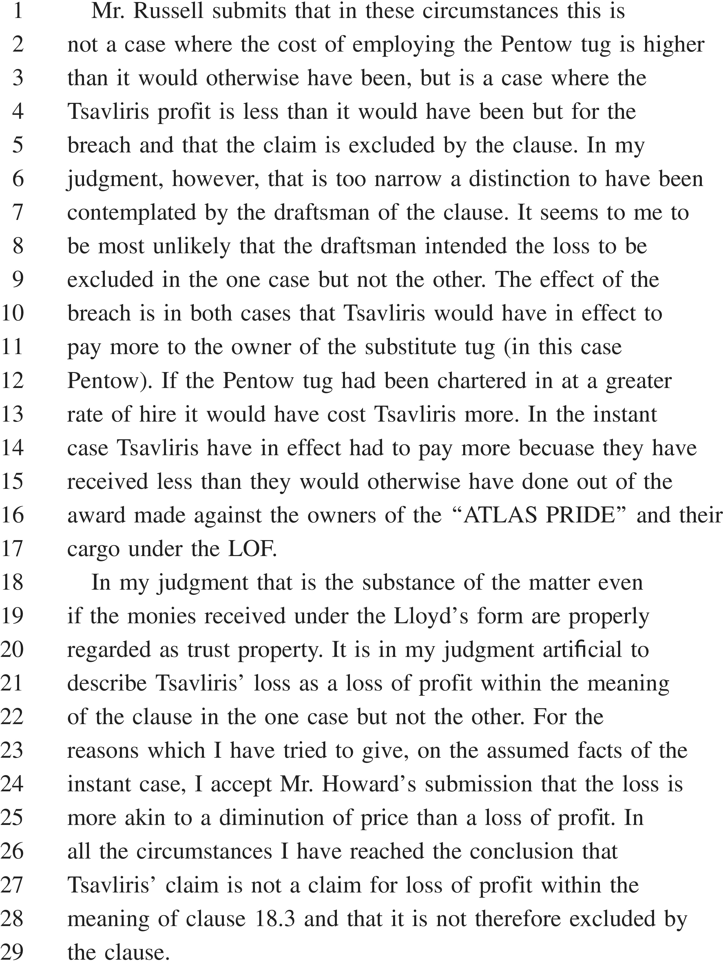 A page from a legal document, labeled APPENDIX 28, with text numbered from 1 to 29. The text presents a judgment analyzing a claim by Tsavliris. It discusses whether a financial loss, related to hiring a substitute tug and a salvage award for the vessel“ATLAS PRIDE,” constitutes a ’loss of profit’ under clause 18.3. The judgment concludes that the claim is not for loss of profit within the meaning of the clause and is therefore not excluded by it.