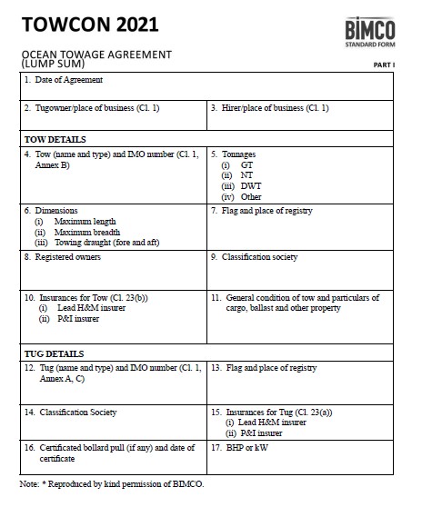 A “STANDARD FORM” title that reads “TOWCON 2021,” “OCEAN TOWAGE AGREEMENT (LUMP SUM), PART ONE,” published by “BIMCO.”