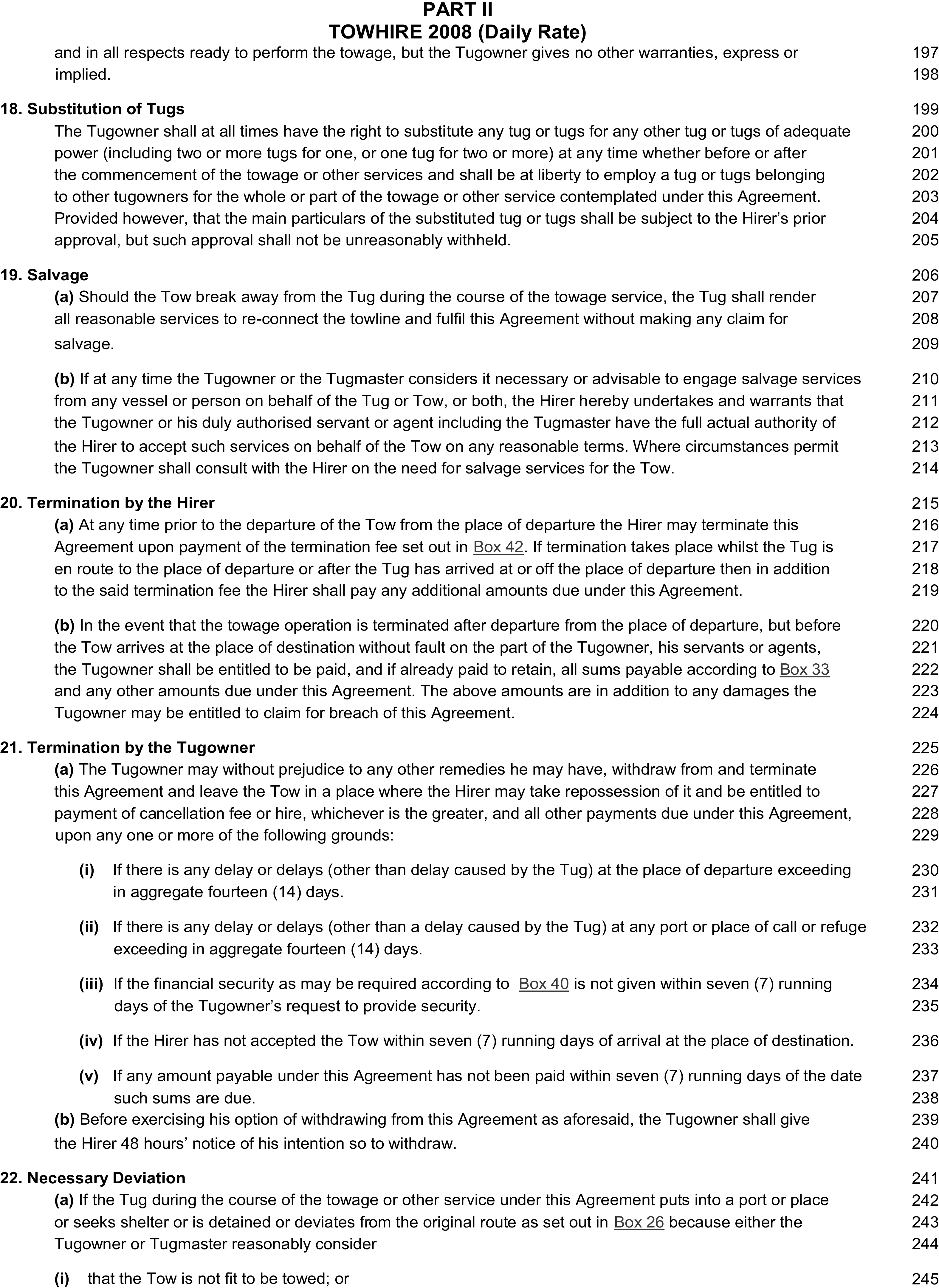 A document titled Appendix 3, Part II, TOWHIRE 2008 (Daily Rate), contains legal text with line numbers from 197 to 245 in the right margin. The clauses covered include 18. Substitution of Tugs, and 19. Salvage. Clause 20 addresses Termination by the Hirer, while Clause 21 outlines the grounds for Termination by the Tugowner, such as delays or non-payment. The final section, 22. Necessary Deviation, specifies conditions under which the Tug can alter the agreed-upon route during the towage service.