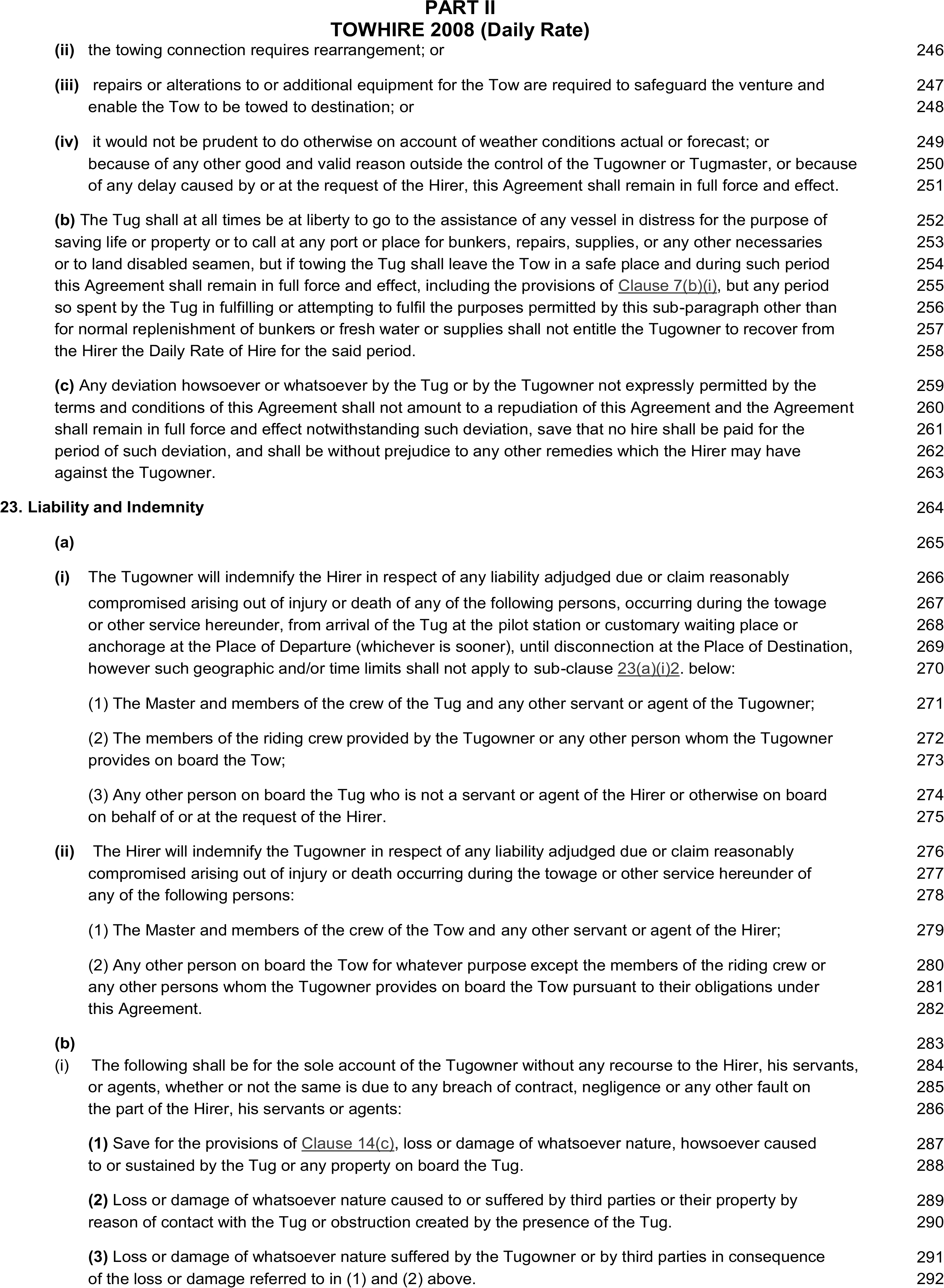 A document titled Appendix 3, Part II, TOWHIRE 2008 (Daily Rate), contains legal text with line numbers from 246 to 292 in the right margin. The page focuses on Clause 23,“Liability and Indemnity.” This clause outlines the responsibilities of the Tugowner and the Hirer. Sub-clause (a) specifies the conditions under which the Tugowner indemnifies the Hirer and the Hirer indemnifies the Tugowner for liabilities arising from injury or death. Sub-clause (b) details types of loss or damage that are for the sole account of the Tugowner.