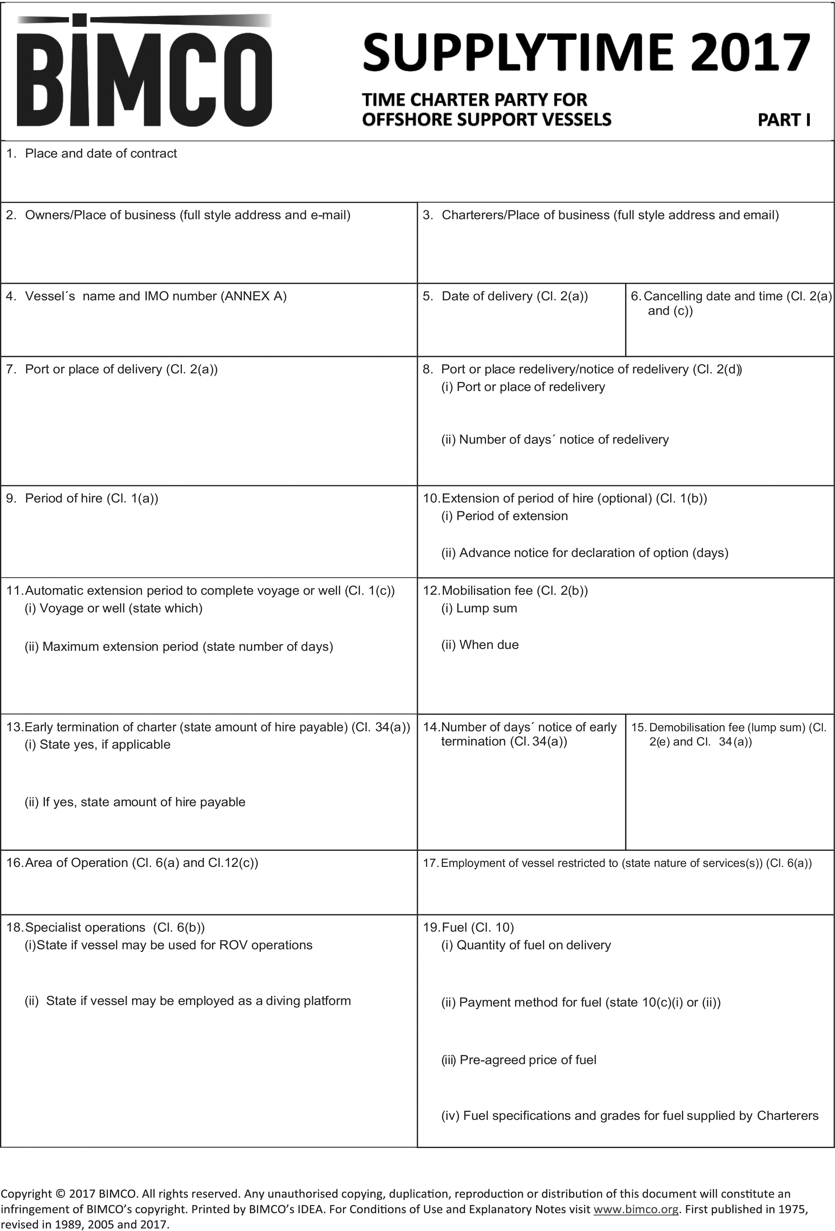 Appendix 7, Supplytime 2017 page shows a blank SUPPLYTIME 2017 form titled “Time Charter Party for Offshore Support Vessels - Part I,” published by BIMCO. The page includes numbered fields for details such as contract date, owners and charterers’ addresses, vessel name, delivery and redelivery ports, period of hire, mobilisation and demobilisation fees, and fuel arrangements. The BIMCO logo appears at the top left.