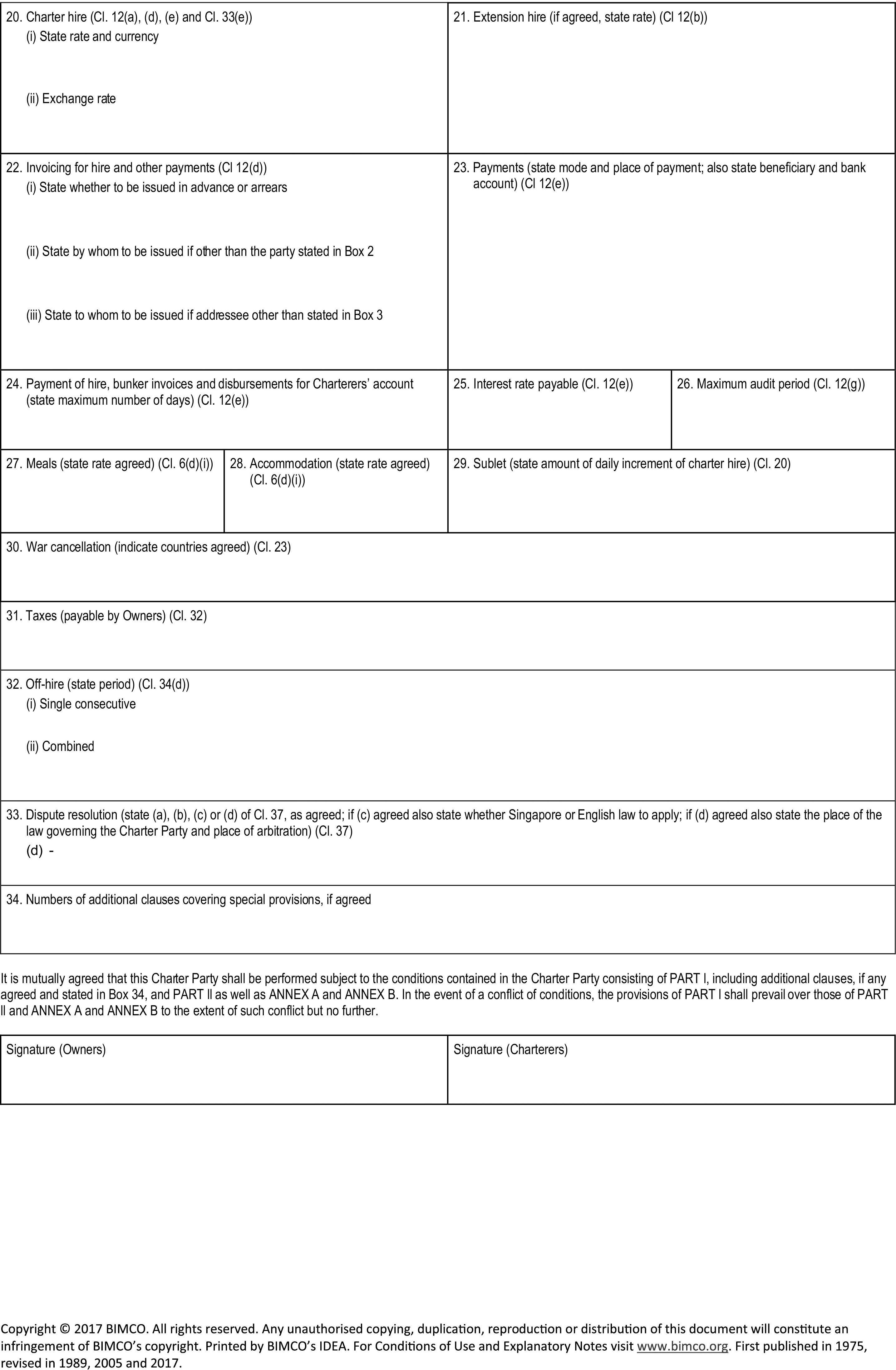 A document titled Appendix 7 is a form with numbered boxes from 20 to 34 outlining various agreement terms. Topics covered include charter hire, extension hire, invoicing, payments, interest rates, war cancellation, taxes, off-hire periods, and dispute resolution. A paragraph below the boxes states the mutual agreement terms of the Charter Party, followed by two signature boxes for Owners and Charterers.