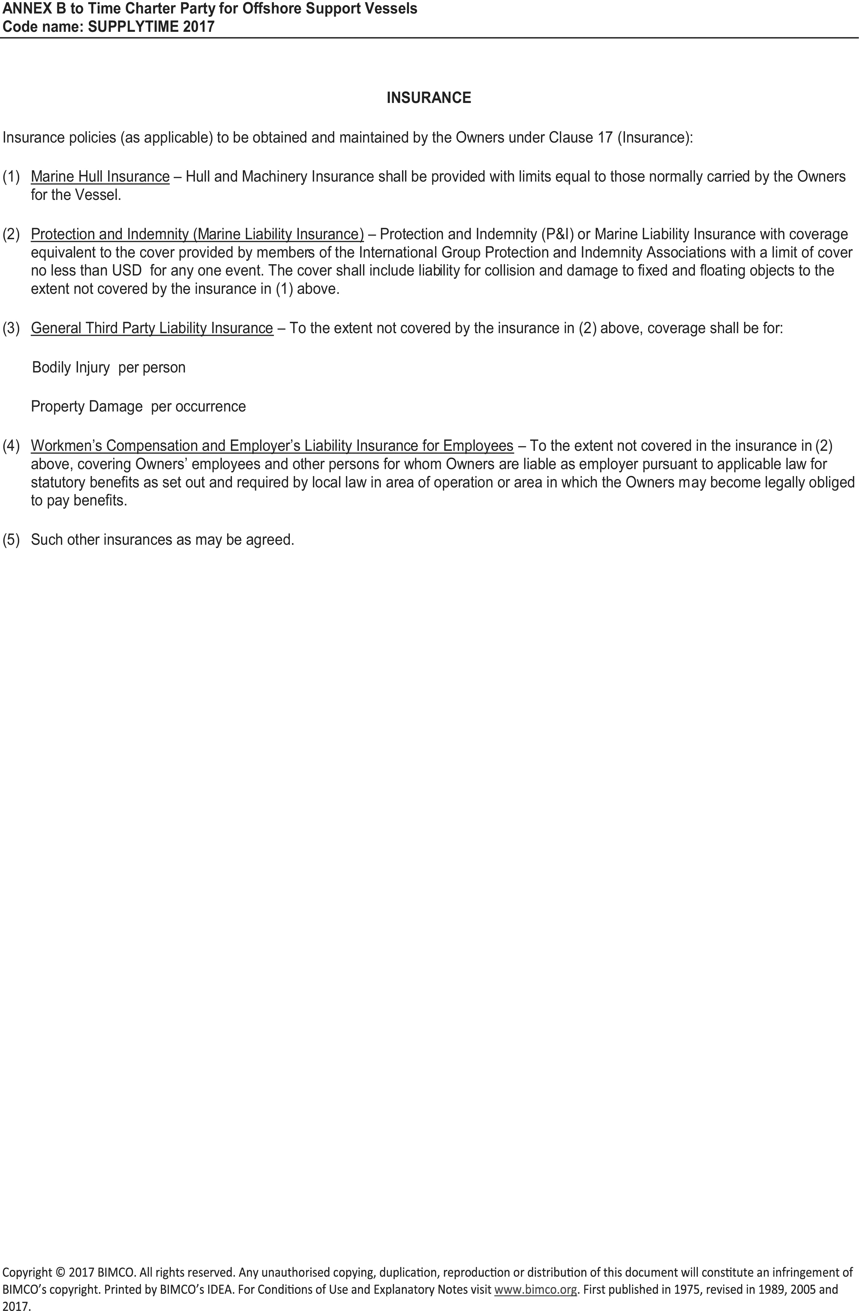 A legal document titled Appendix 4, Annex B to Time Charter Party for Offshore Support Vessels, code name SUPPLYTIME 2017. The document lists insurance policies to be obtained by the Owners. The five types are: Marine Hull Insurance, Protection and Indemnity or Marine Liability Insurance, General Third Party Liability Insurance for bodily injury and property damage, Workmen’s Compensation and Employer’s Liability Insurance for Employees, and other agreed-upon insurances. A copyright notice for BIMCO from 2017 is at the bottom.