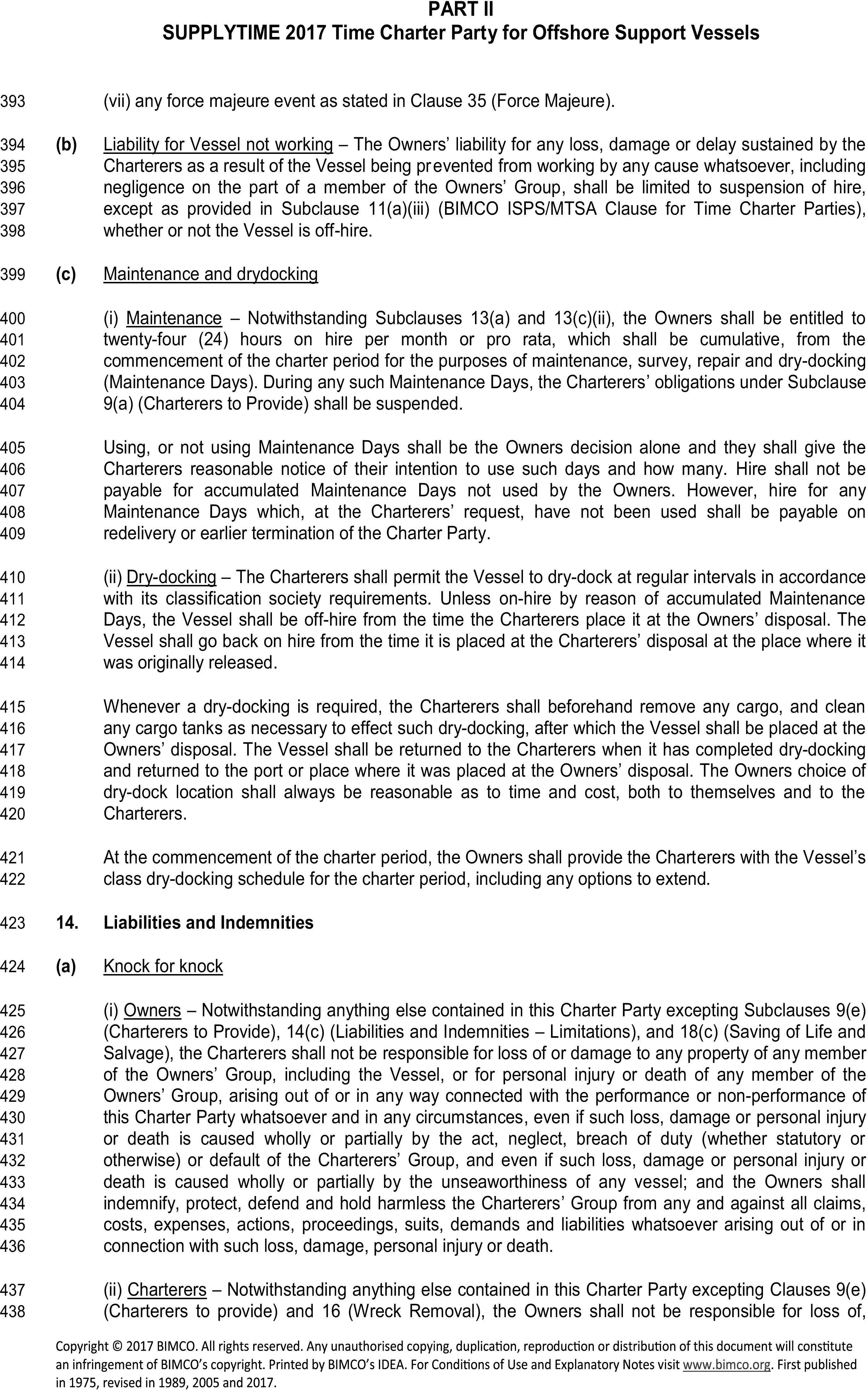 A legal document titled Appendix 4, Part II, SUPPLYTIME 2017 Time Charter Party for Offshore Support Vessels, with lines 393 to 438. The text covers the Owners’ liability, maintenance and drydocking procedures, including a 24-hour monthly maintenance allowance. Clause 14, Liabilities and Indemnities, begins with sub-clause (a) Knock for knock. This provision states that Charterers are not liable for loss or damage to the Owners’ Group property or personnel, and Owners shall indemnify the Charterers’ Group against such claims. The reciprocal clause for Charterers’ liability begins but is incomplete on the page.
