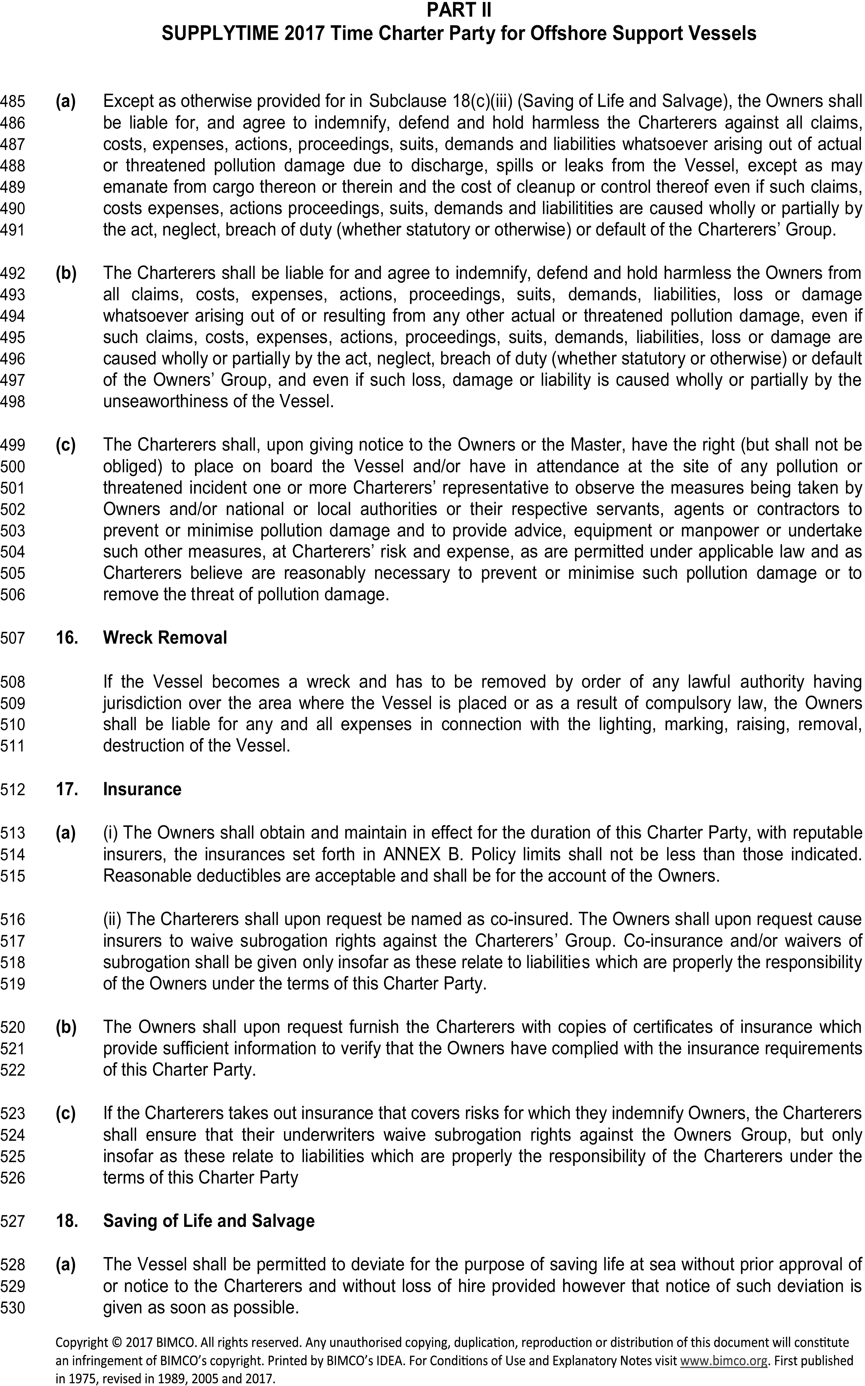 A legal document titled Appendix 4, Part II, SUPPLYTIME 2017 Time Charter Party for Offshore Support Vessels, displaying lines 485 to 530. The text outlines liability for pollution damage for both Owners and Charterers. It also details Clause 16, Wreck Removal, defining owner responsibility for wreck removal costs. Clause 17, Insurance, specifies the obligations for both parties regarding insurance coverage and proof. Clause 18, Saving of Life and Salvage, permits the vessel to deviate to save life at sea without loss of hire.