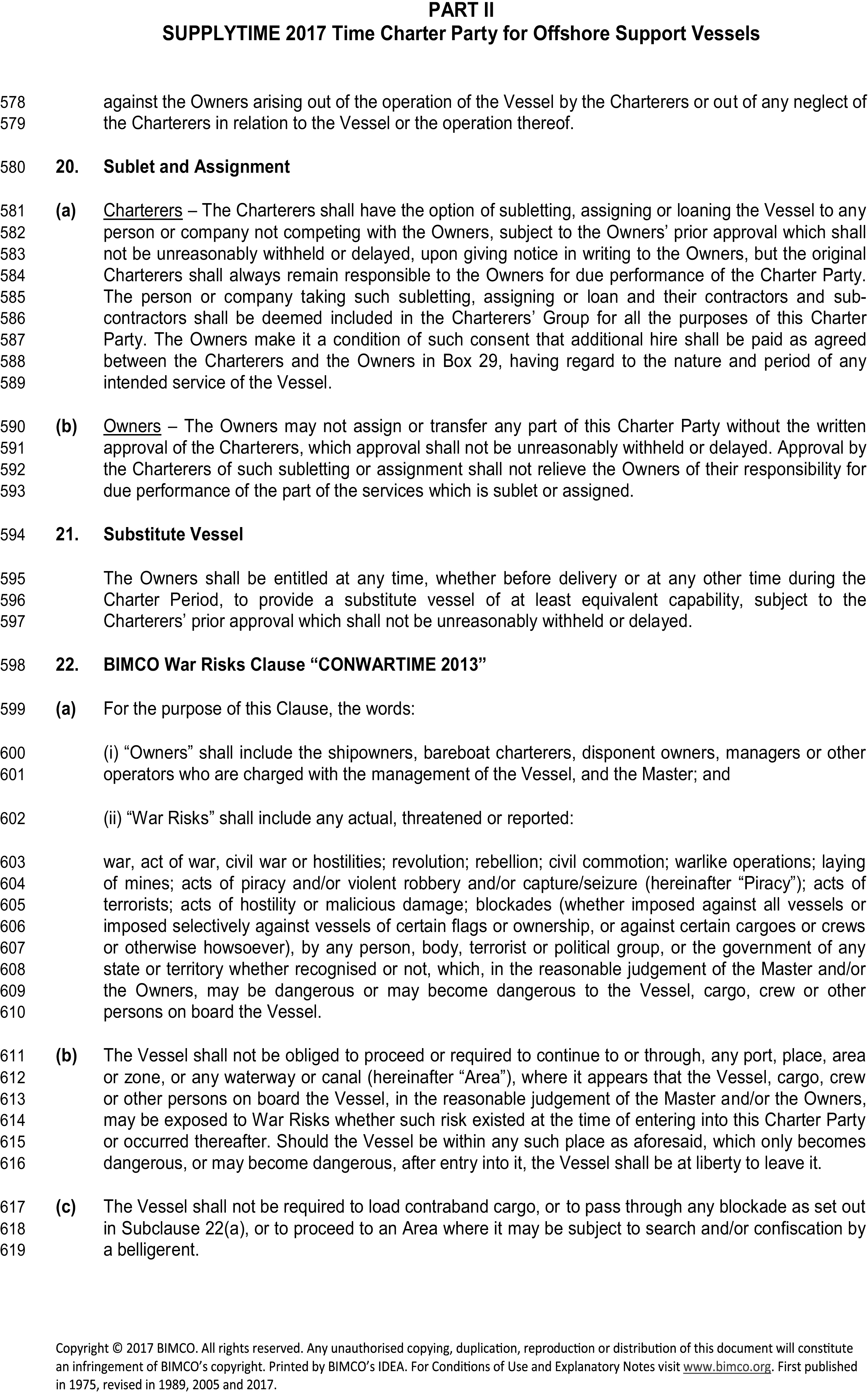 A legal document titled Appendix 4, Part II, SUPPLYTIME 2017 Time Charter Party for Offshore Support Vessels, displaying lines 578 to 619. Clause 20 addresses Sublet and Assignment rights for Charterers and Owners. Clause 21 covers the provision of a Substitute Vessel. Clause 22 is the BIMCO War Risks Clause, which defines ’War Risks’ to include acts of war, piracy, and terrorism. It also specifies that the vessel is not required to enter dangerous areas or transport contraband cargo.