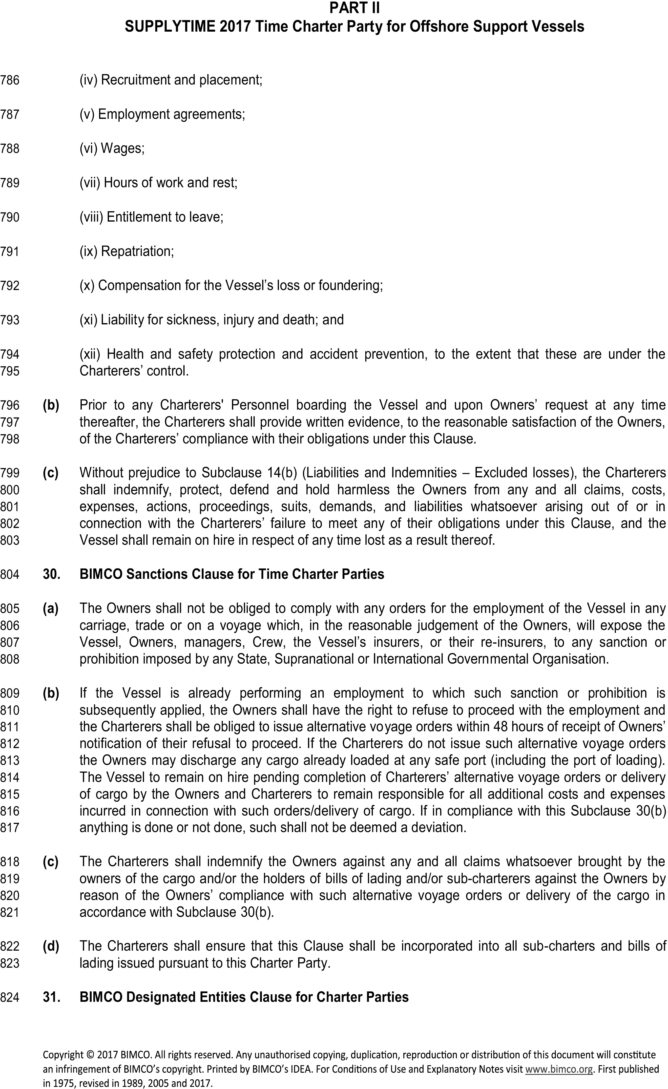A legal document titled Appendix 4, Part II, SUPPLYTIME 2017 Time Charter Party for Offshore Support Vessels, with line numbers from 786 to 824. The text lists personnel obligations like wages and repatriation before detailing Clauses 30 and 31. Clause 30, the BIMCO Sanctions Clause, specifies that Owners are not obliged to follow orders that would expose them to sanctions. It also outlines the procedures for refusing such orders and the Charterers’ responsibilities for any resulting costs or claims. Clause 31 is titled BIMCO Designated Entities Clause for Charter Parties.