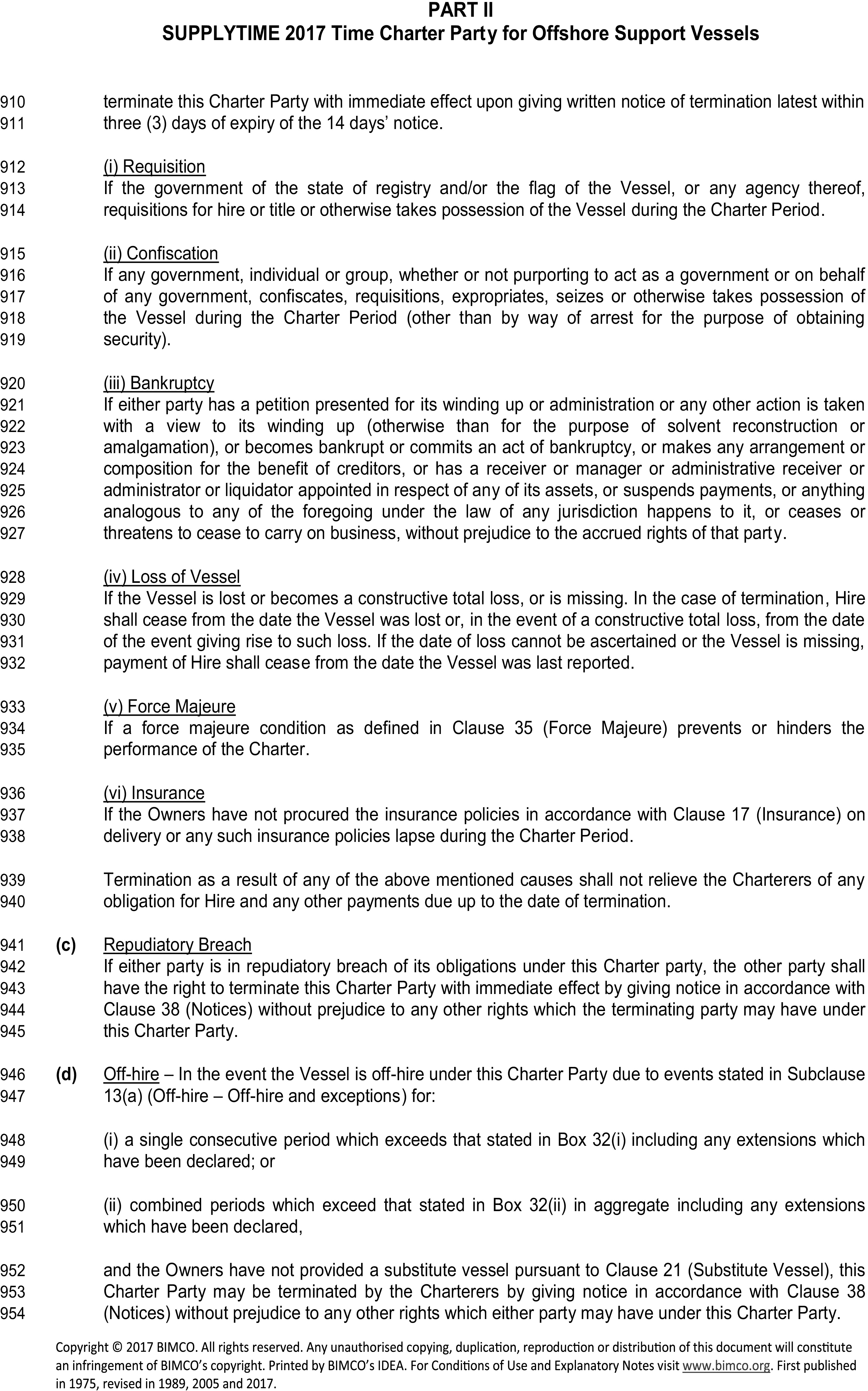 A legal document titled Appendix 4, Part II, SUPPLYTIME 2017 Time Charter Party for Offshore Support Vessels, with line numbers 910 to 954. The text outlines several grounds for terminating the charter party. These include requisition, confiscation, bankruptcy, loss of the vessel, force majeure, and insurance failure. Further sub-clauses detail termination rights for repudiatory breach of contract and for extended periods of off-hire, whether consecutive or combined.