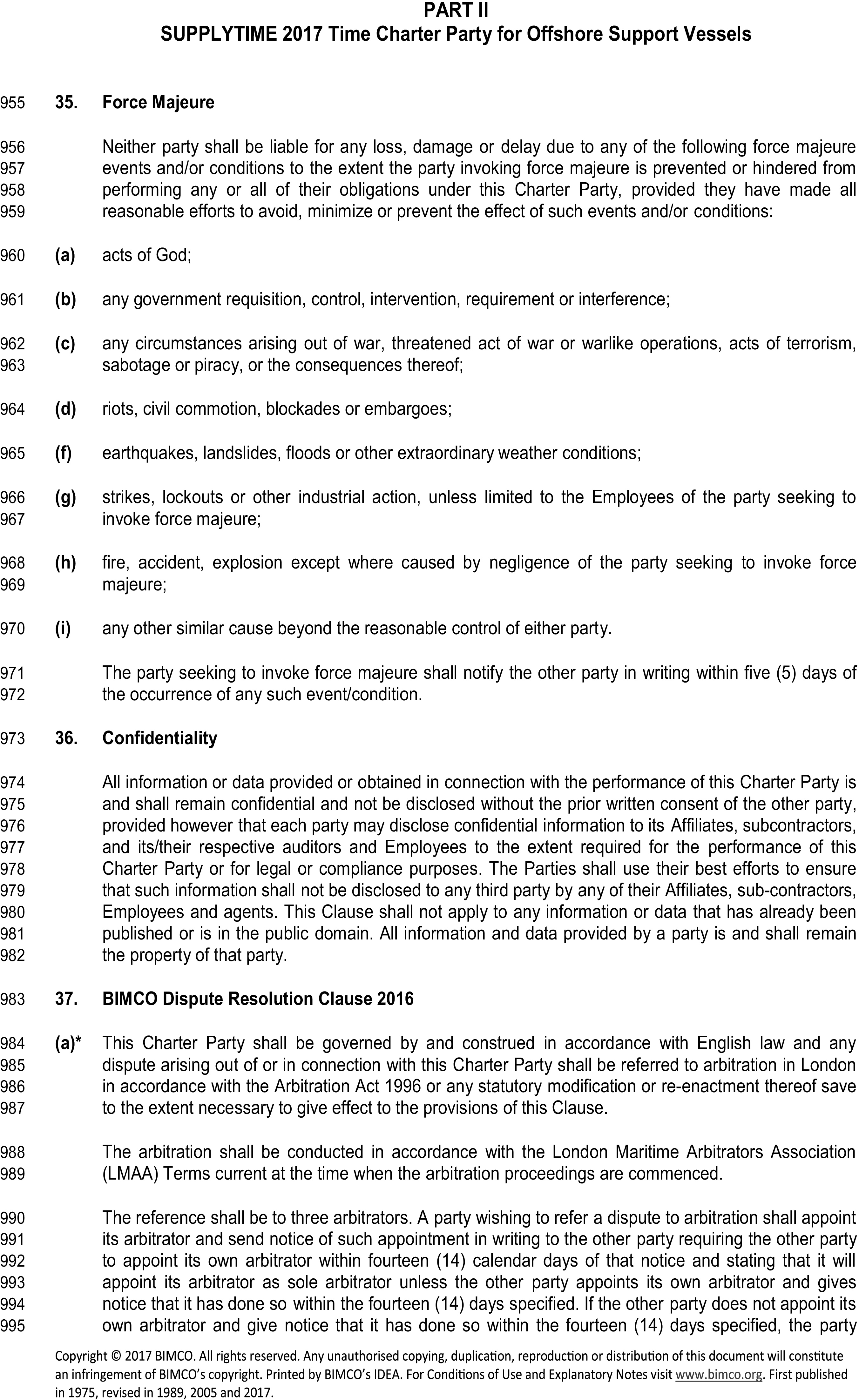 A legal document titled Appendix 4, Part II, SUPPLYTIME 2017 Time Charter Party for Offshore Support Vessels, with line numbers from 955 to 995. The page contains three clauses. Clause 35, Force Majeure, lists conditions that excuse a party from performance, such as acts of God, war, and strikes. Clause 36, Confidentiality, outlines rules for protecting information. Clause 37, BIMCO Dispute Resolution Clause 2016, specifies that disputes will be governed by English law and settled through arbitration in London, detailing the process for appointing arbitrators.