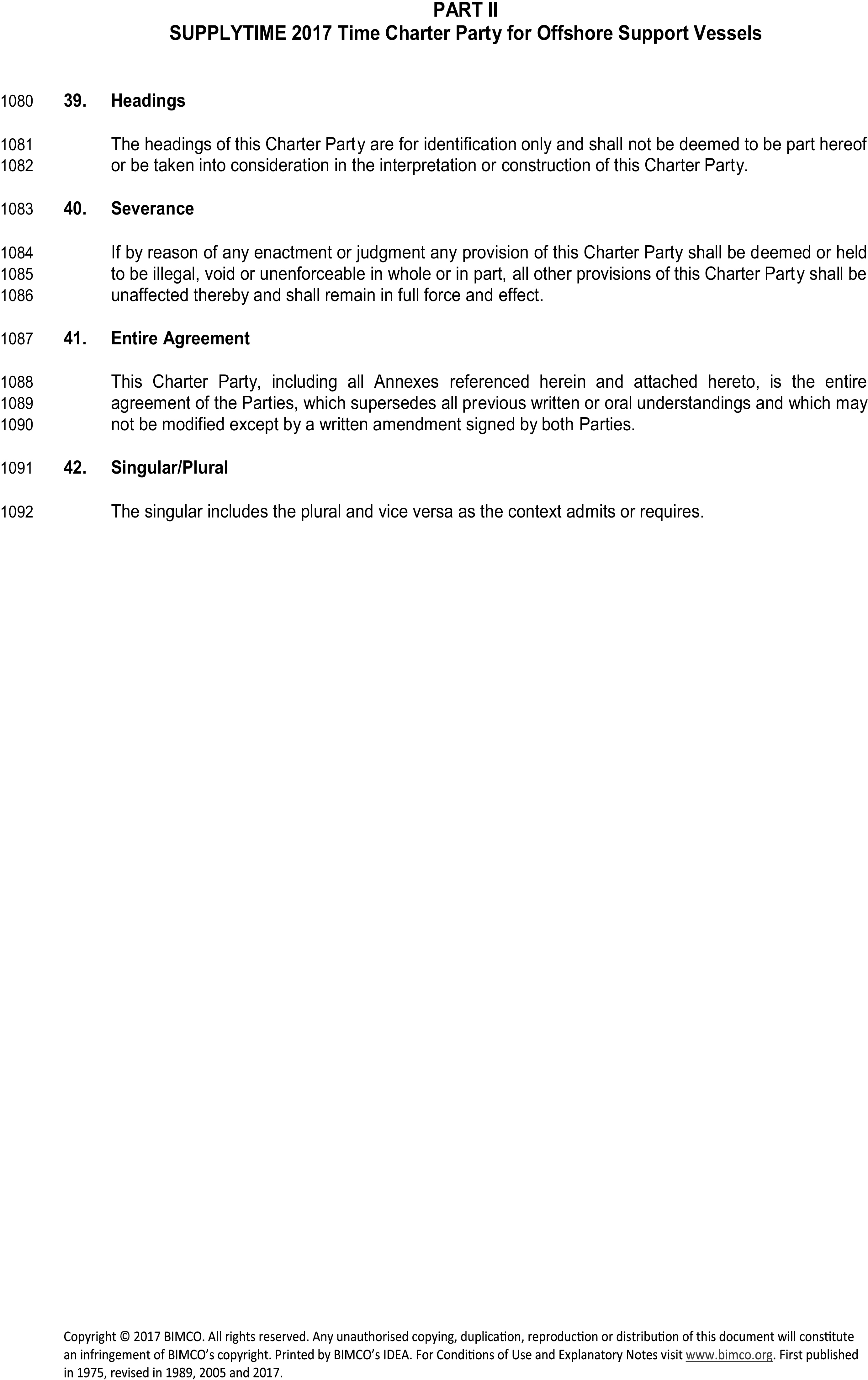 A legal document titled Appendix 4, Part II, SUPPLYTIME 2017 Time Charter Party for Offshore Support Vessels, with line numbers from 1080 to 1092. The page contains four clauses. Clause 39, Headings, states headings are for identification only. Clause 40, Severance, ensures the contract remains valid if a part is deemed illegal. Clause 41, Entire Agreement, confirms this document supersedes all prior agreements. Clause 42, Singular/Plural, clarifies that singular words include the plural and vice versa.