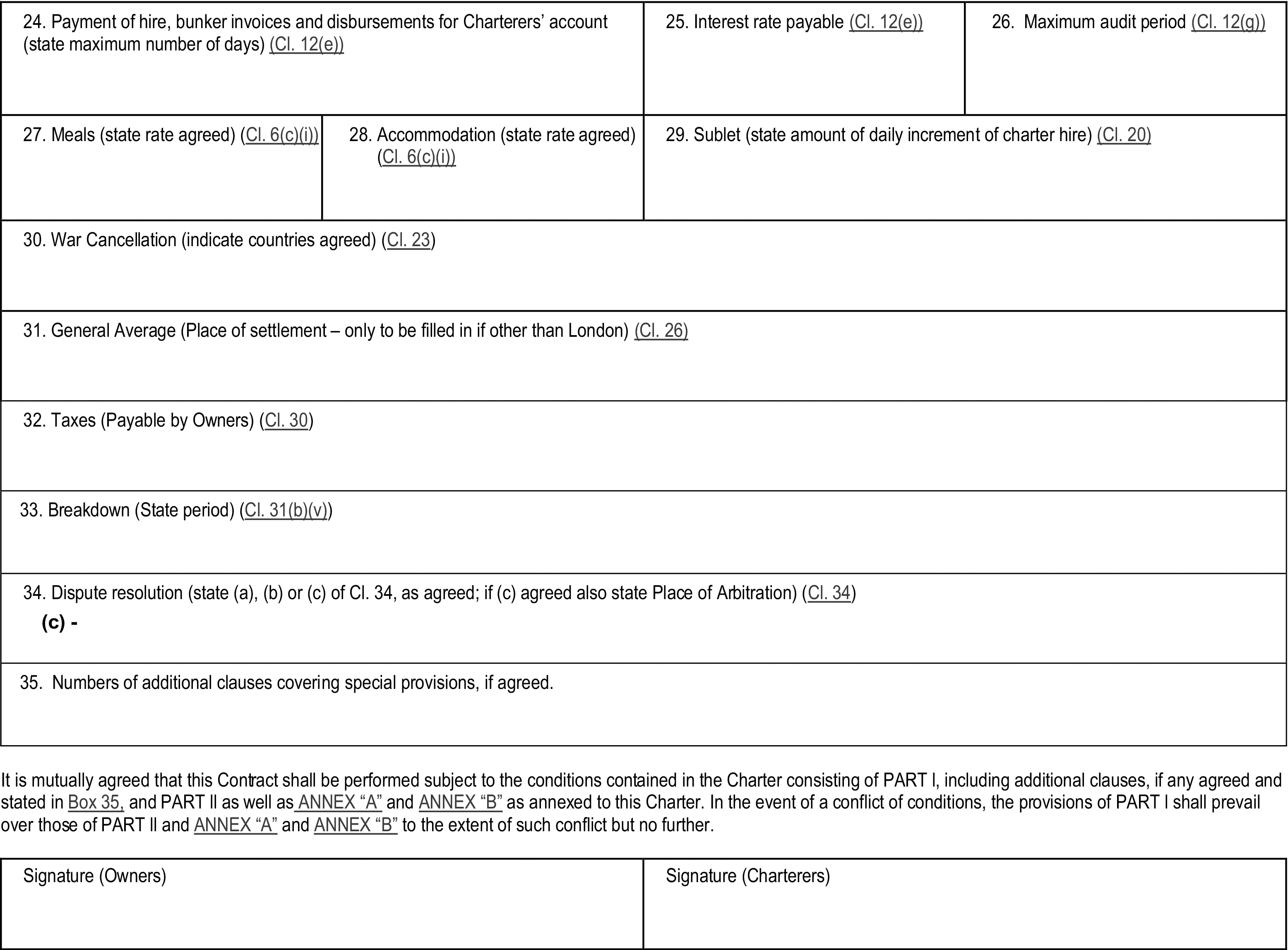 A legal document titled Appendix 8, Part I of the Supplytime 2005 Time Charter Party for Offshore Service Vessels. The form contains numbered boxes from 24 to 35 for various contract terms, including payment of hire, interest rates, meals, war cancellation, and dispute resolution. Box 34 indicates that option c has been selected for dispute resolution. The page concludes with a paragraph outlining the contract’s governing conditions and two empty signature boxes for the Owners and the Charterers.