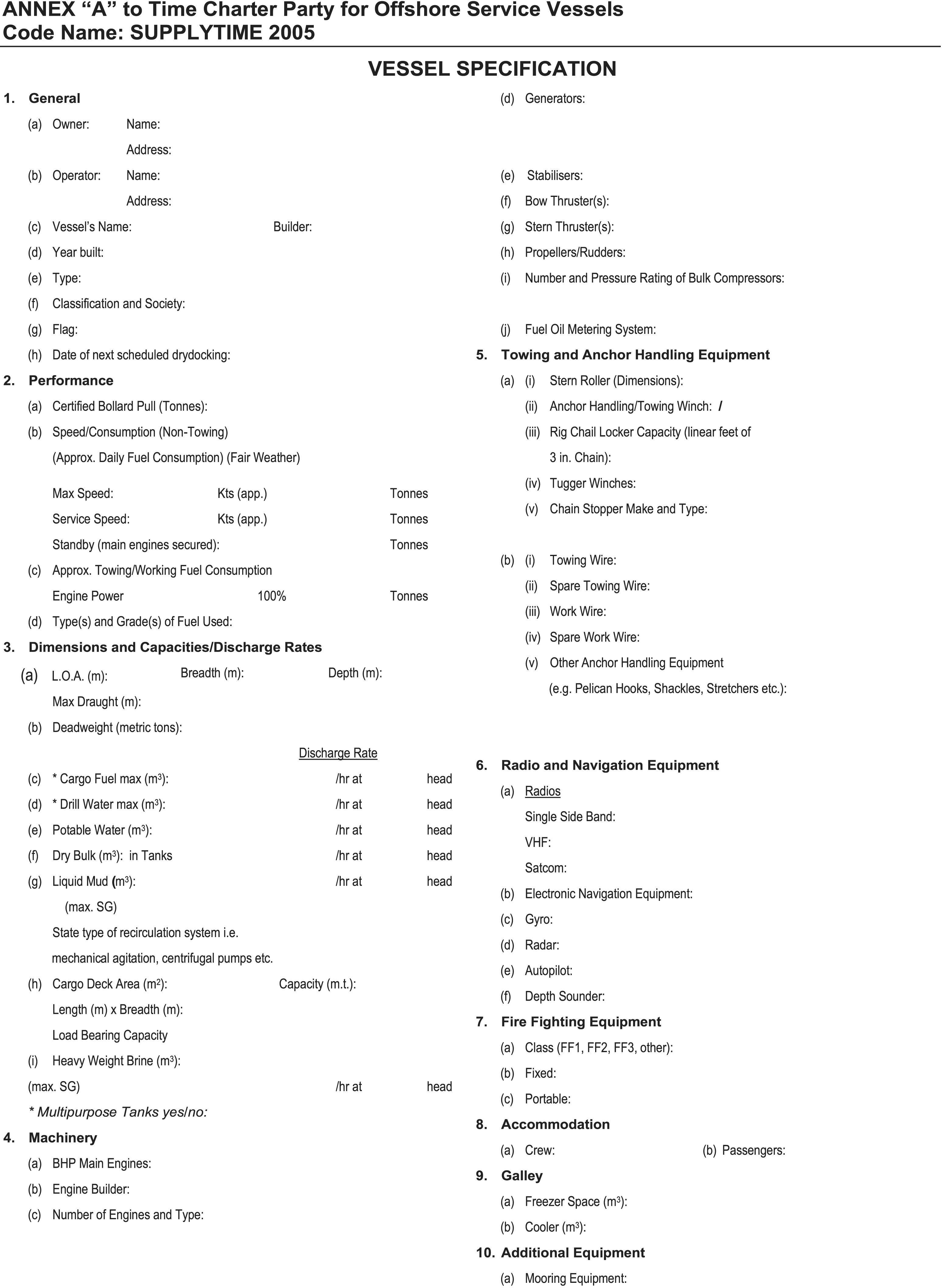A page labeled Appendix 5 titled “Annex A to Time Charter Party for Offshore Service Vessels,” code-named SUPPLYTIME 2005. The page presents a detailed vessel specification form divided into numbered sections with blank fields for information such as ownership, builder, classification, dimensions, performance, towing equipment, and onboard systems. Headings include General, Dimensions and Capacities, Machinery, Towing and Anchor Handling Equipment, Radio and Navigation Equipment, Fire-Fighting Equipment, Accommodation, Galley, and Additional Equipment. Subsections specify data points like vessel name, operator address, deadweight, fuel type, bollard pull, propulsion type, towing gear, stabilisers, and radio setup.