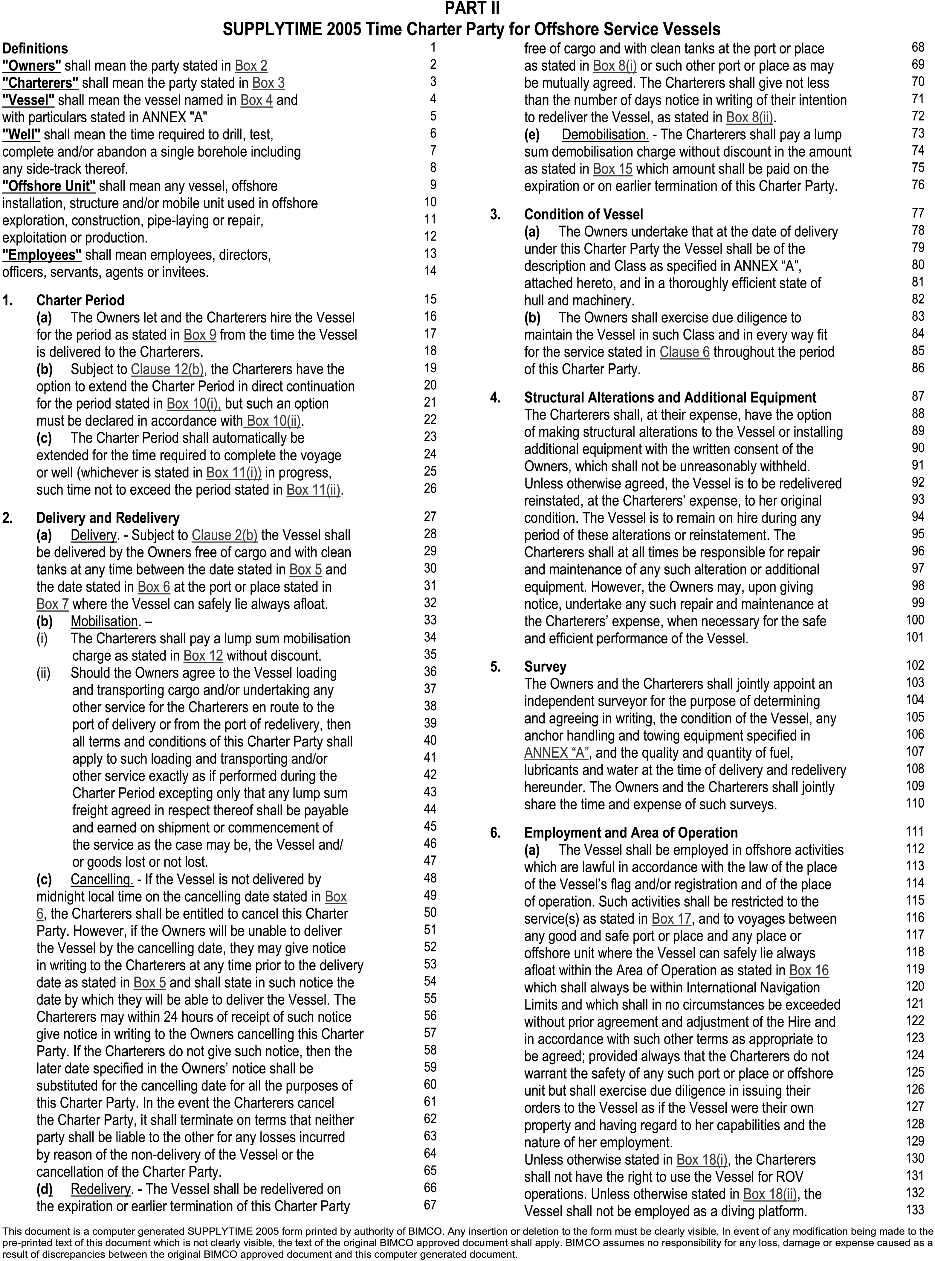 A legal document titled Appendix 5, Part II, SUPPLYTIME 2005 Time Charter Party for Offshore Service Vessels, with line numbers from 1 to 133. The document is divided into numbered clauses. It begins with definitions for terms such as Owners, Charterers, and Vessel. Subsequent clauses outline the Charter Period, terms for Delivery and Redelivery, the required Condition of the Vessel, procedures for Structural Alterations and Surveys, and the rules for Employment and Area of Operation. The clauses detail the rights and obligations of the parties involved in the charter agreement.