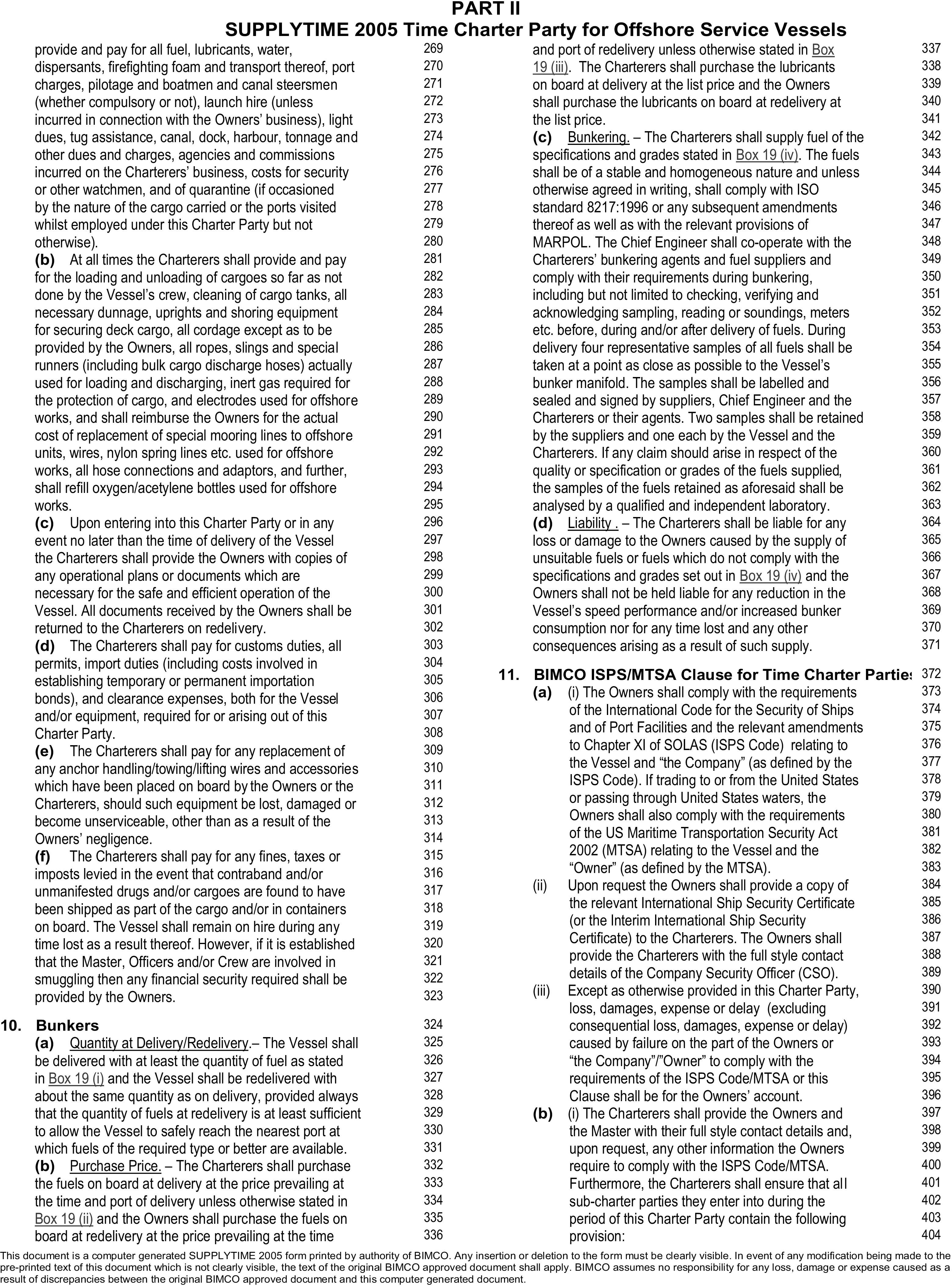 A legal document titled Appendix 5, Part II, SUPPLYTIME 2005 Time Charter Party for Offshore Service Vessels, with lines 269 to 404. The text details several clauses. Clause 10, Bunkers, covers fuel quantity at delivery, purchase price, bunkering procedures, and liability for unsuitable fuels. Clause 11, the BIMCO ISPS/MTSA Clause, outlines security compliance responsibilities for Owners and Charterers under the ISPS Code and the US Maritime Transportation Security Act.