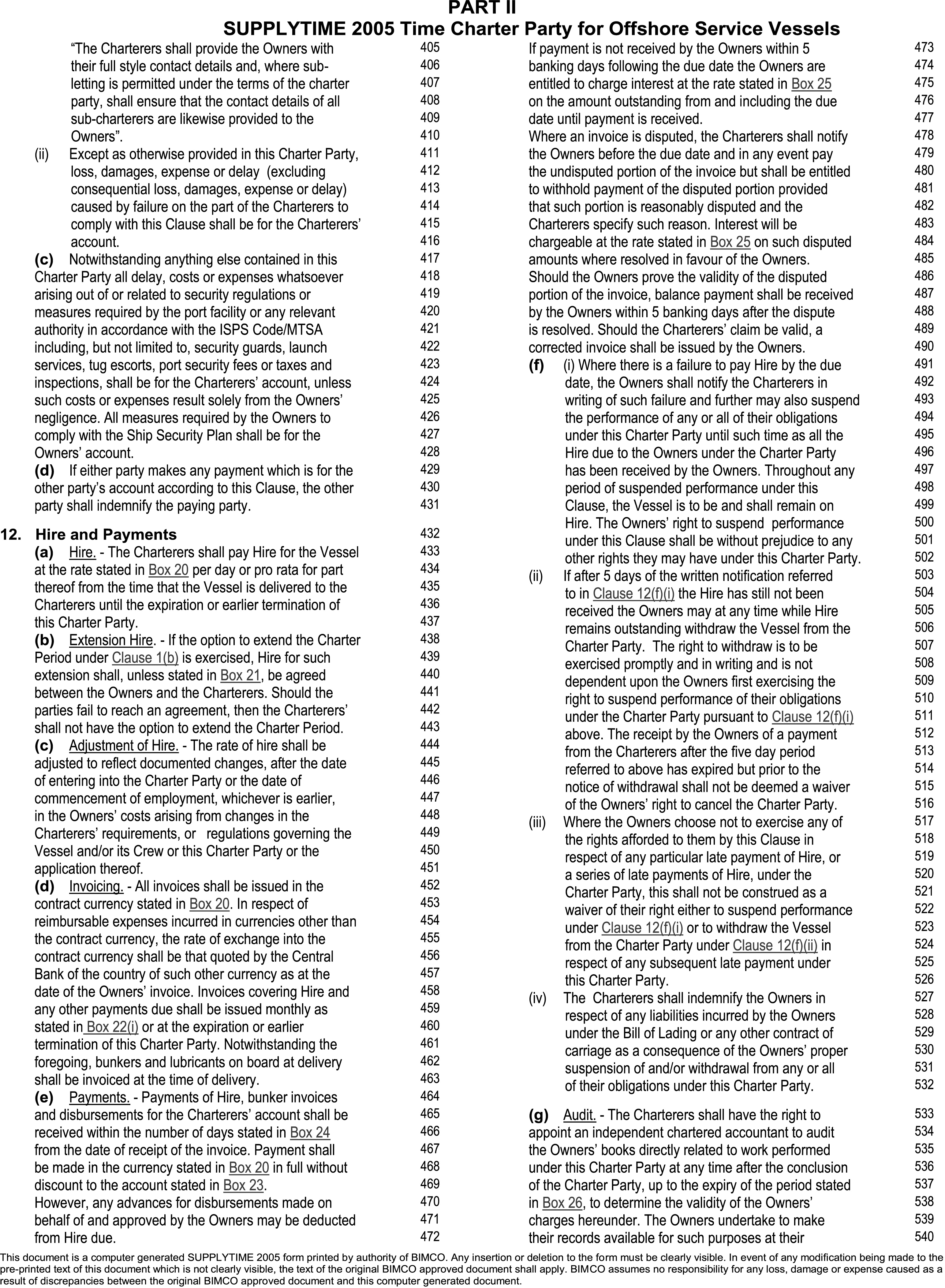 A legal document titled Appendix 5, Part II, SUPPLYTIME 2005 Time Charter Party for Offshore Service Vessels, with lines 405 to 540. The page primarily details Clause 12, Hire and Payments. This clause outlines rates for hire, extension, and adjustment of payments, along with invoicing procedures. Further sub-clauses detail the owner’s rights in case of non-payment, including the right to suspend performance and withdraw the vessel. The final sub-clause grants the charterers the right to audit the owner’s books related to work performed.
