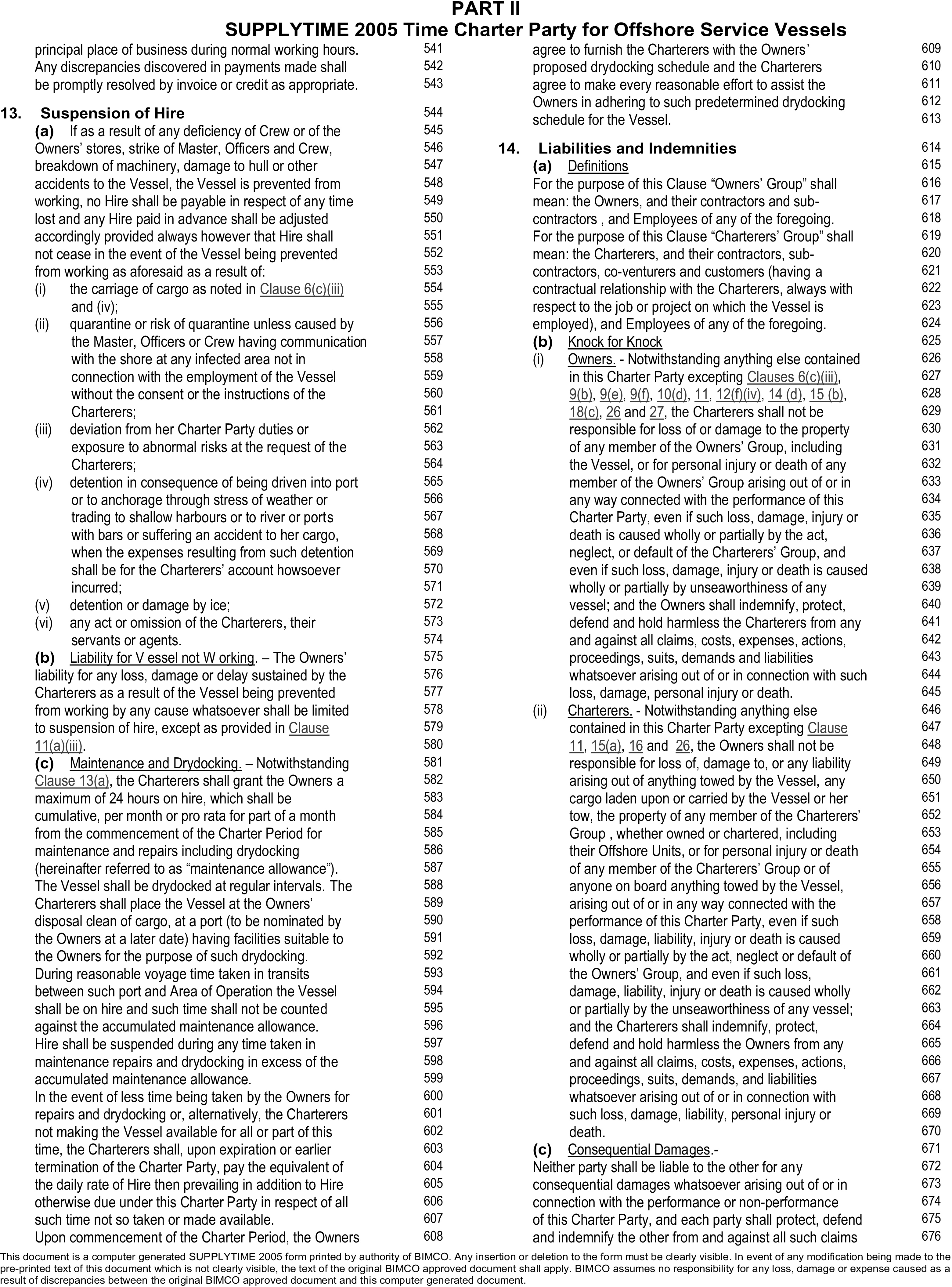 A legal document titled Appendix 5, Part II, SUPPLYTIME 2005 Time Charter Party for Offshore Service Vessels, with lines 541 to 676. The page includes Clause 13, Suspension of Hire, which details conditions like strikes or machinery breakdown that halt payments. The main section is Clause 14, Liabilities and Indemnities. This clause establishes the ’Knock for Knock’ principle, where each party is responsible for their own group’s losses and indemnifies the other. A sub-clause also excludes liability for any consequential damages.