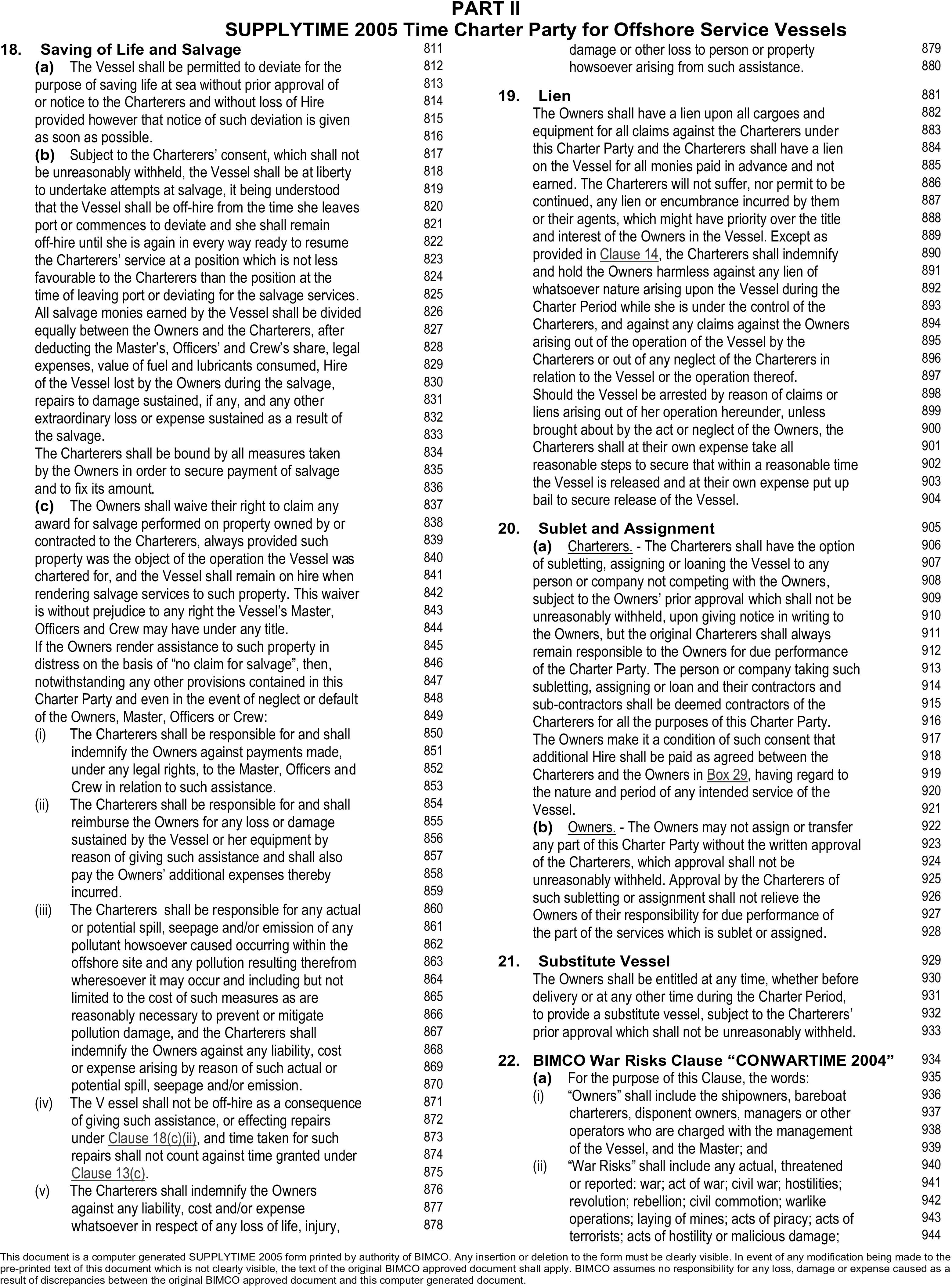 A legal document titled Appendix 5, Part II, SUPPLYTIME 2005 Time Charter Party for Offshore Service Vessels, with lines 811 to 944. The page details several clauses, including Clause 18 on saving life and salvage, and Clause 19 outlining lien rights for owners and charterers. It also contains Clause 20 on subletting and assignment, Clause 21 regarding substitute vessels, and Clause 22, which introduces the BIMCO War Risks Clause.
