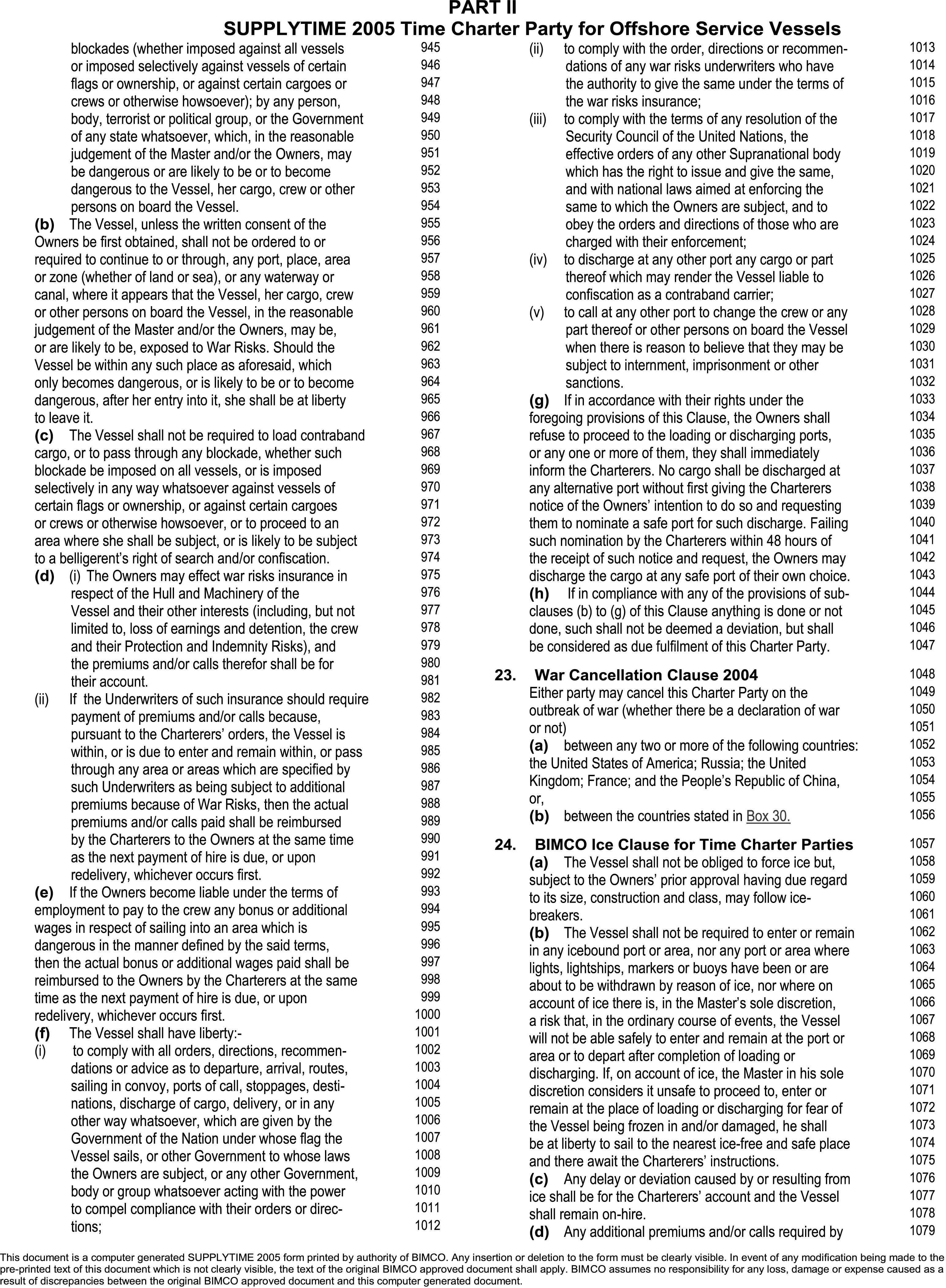 A legal document titled Appendix 5, Part II, SUPPLYTIME 2005 Time Charter Party for Offshore Service Vessels, with lines 945 to 1079. The text details clauses on war risks, including the vessel’s conduct in dangerous areas. It contains Clause 23, the War Cancellation Clause 2004, which allows for contract termination if war breaks out between major powers like the USA, Russia, and China. Clause 24, the BIMCO Ice Clause, outlines the vessel’s obligations and the master’s discretion when operating in ice-bound ports.