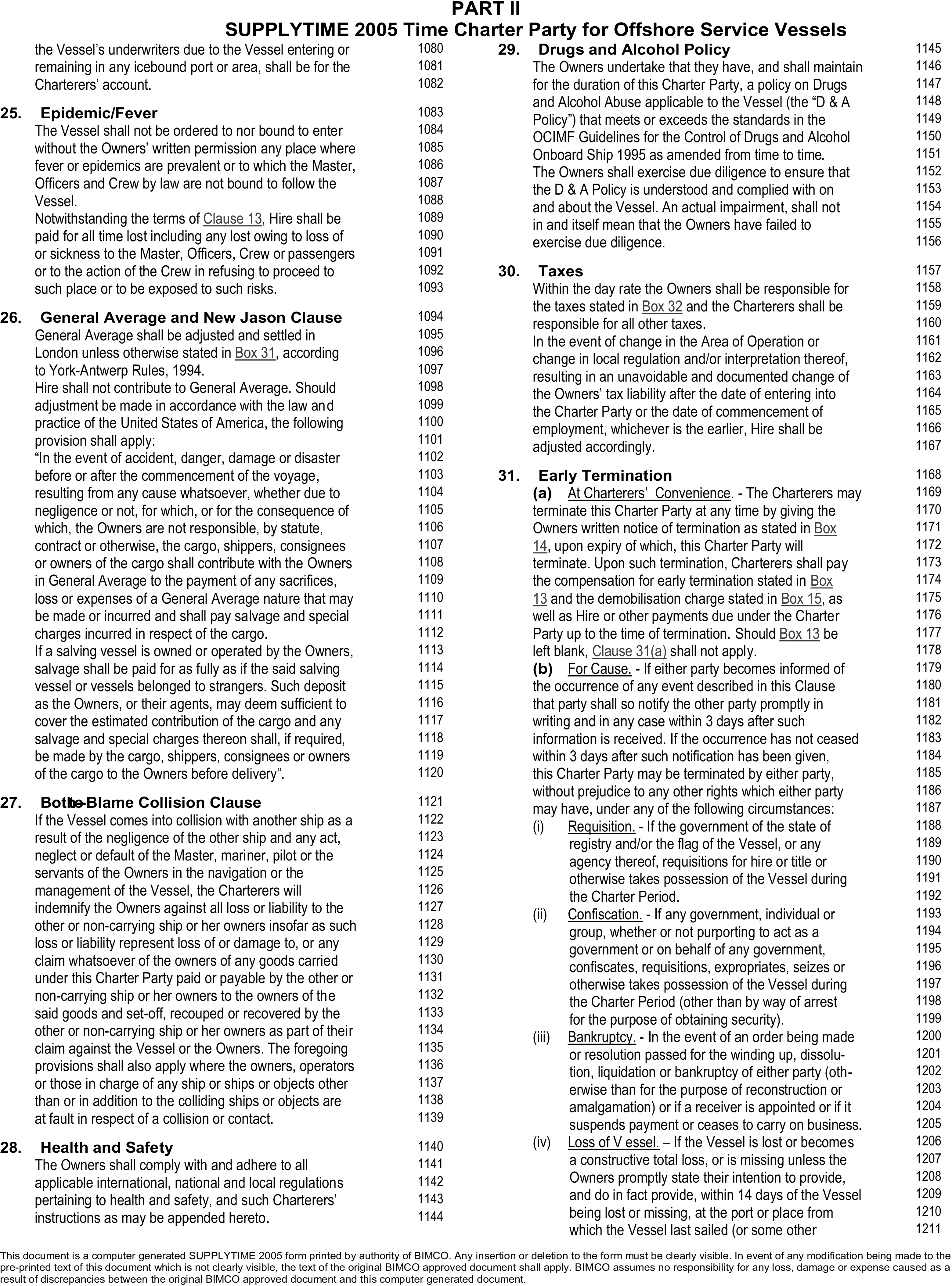 A legal document titled Appendix 5, Part II, SUPPLYTIME 2005 Time Charter Party for Offshore Service Vessels, with lines 1083 to 1211. The document details several clauses, including Clause 25 on Epidemic/Fever, Clause 26 on General Average, Clause 27 on Both-to-Blame Collision, and Clause 28 on Health and Safety. It also contains Clause 29 on Drugs and Alcohol Policy, Clause 30 on Taxes, and Clause 31 on Early Termination, outlining conditions for convenience and for cause, such as requisition, confiscation, and bankruptcy.