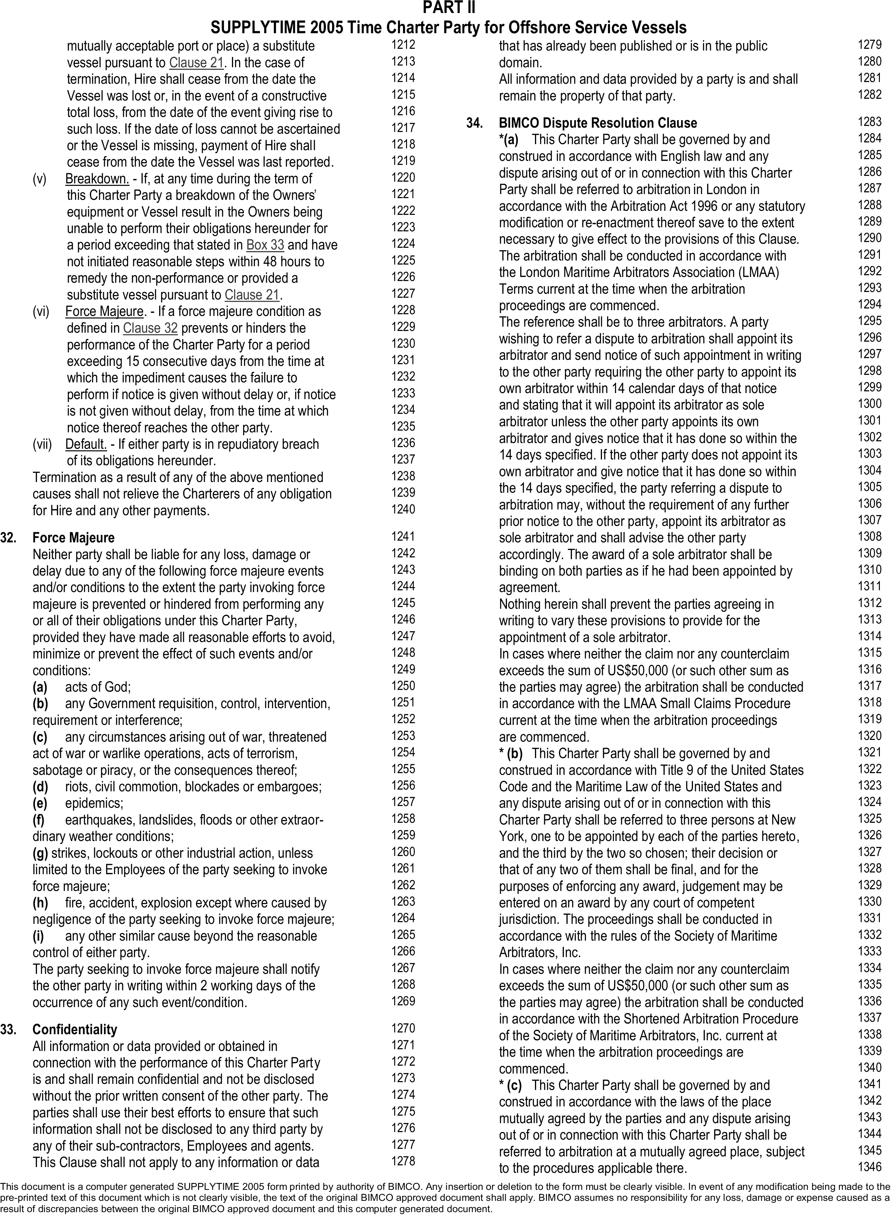 A legal document titled Appendix 5, Part II, SUPPLYTIME 2005 Time Charter Party for Offshore Service Vessels, with lines 1212 to 1346. The text details Clause 32 on force majeure, which lists events such as acts of God, war, and epidemics that may excuse a party from performance. Clause 33 outlines confidentiality requirements. The page concludes with Clause 34, the BIMCO Dispute Resolution Clause, offering three options for settling disputes: arbitration in London under English law, in New York under United States law, or at a mutually agreed place.