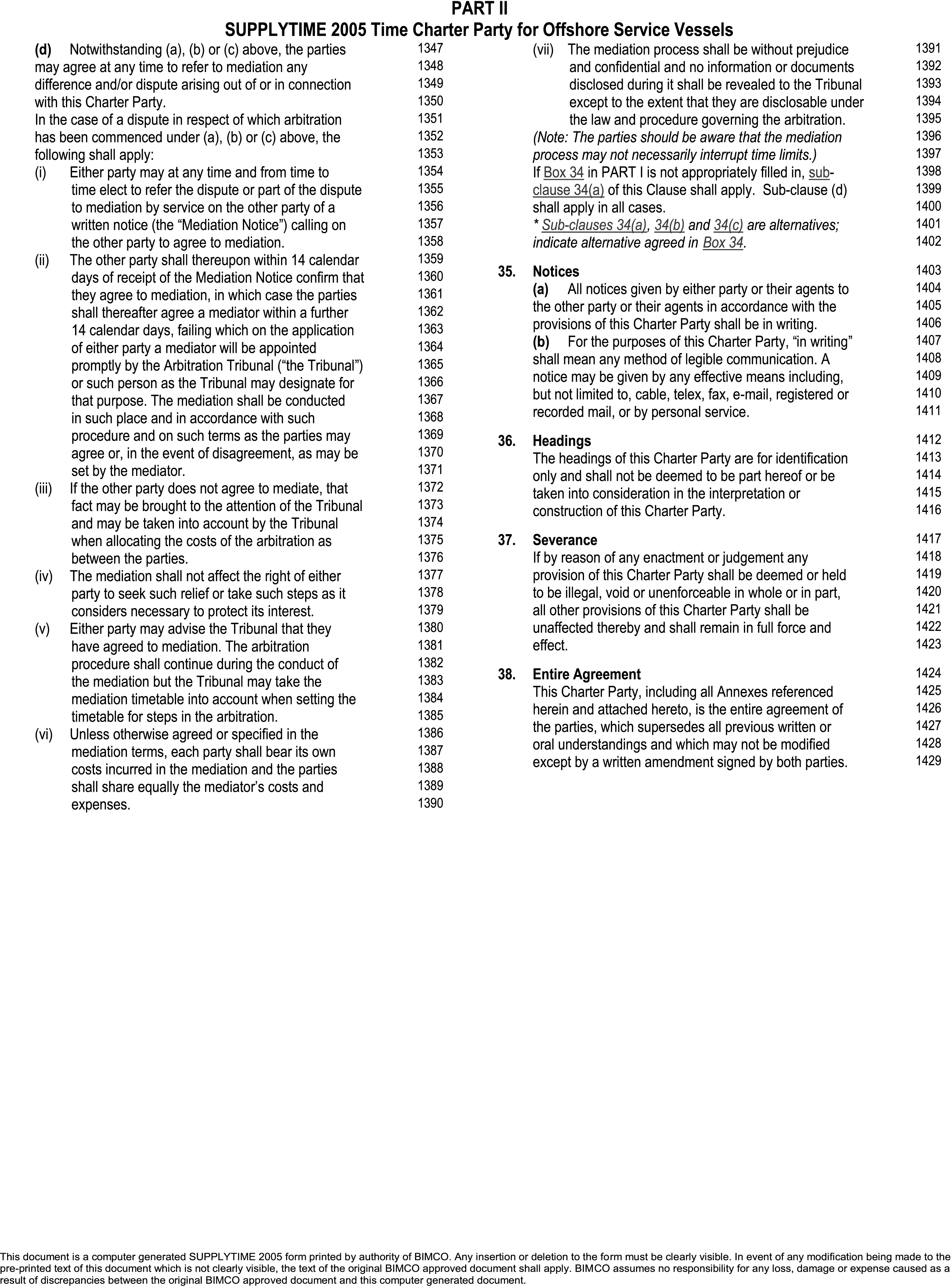 A legal document titled Appendix 5, Part II, SUPPLYTIME 2005 Time Charter Party for Offshore Service Vessels, with lines 1347 to 1428. The page details procedures for mediation after arbitration has begun. It also contains several distinct clauses: Clause 35 on Notices, specifying they must be in writing; Clause 36 on Headings, stating they are for identification only; Clause 37 on Severance, ensuring the contract remains valid if a part is void; and Clause 38, the Entire Agreement clause.