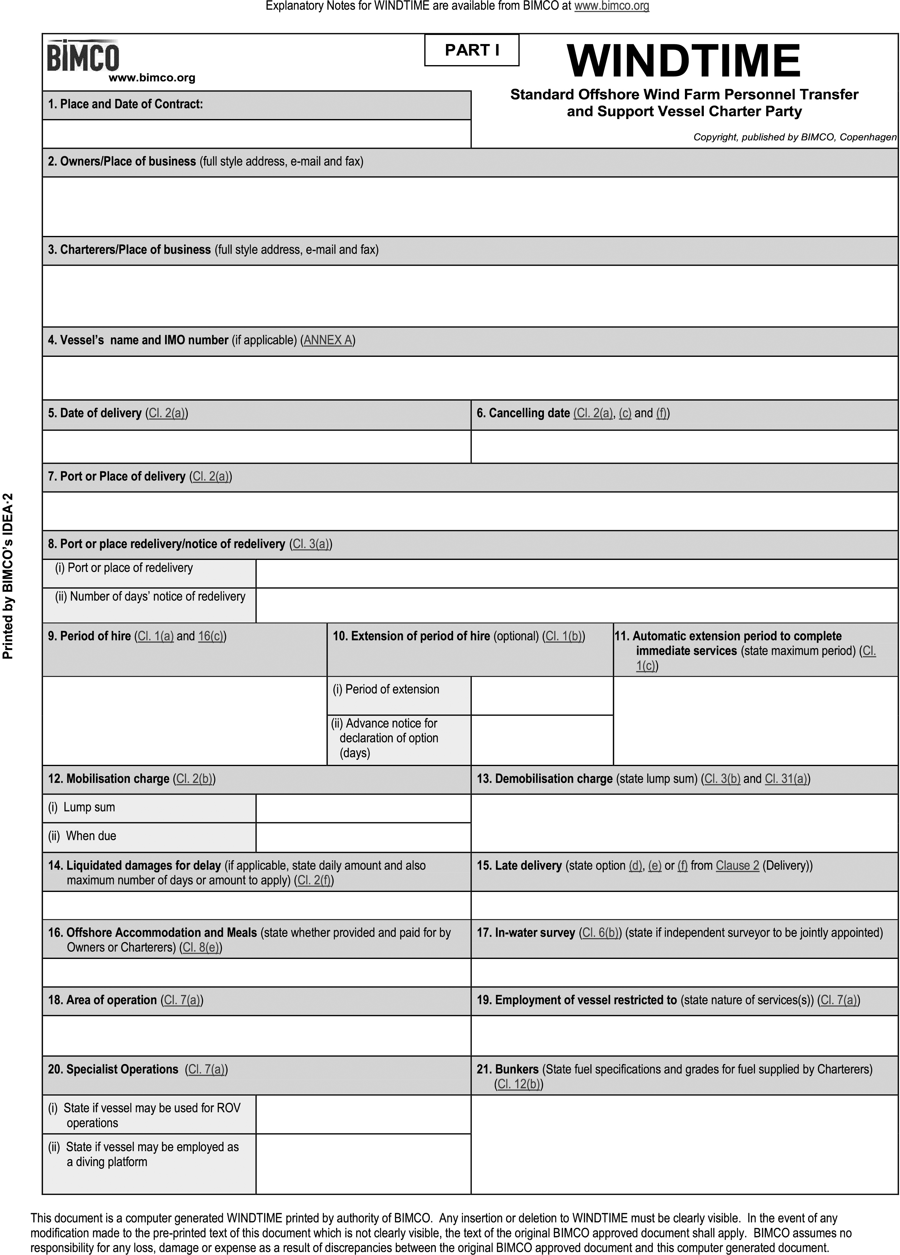 A page labeled Appendix 9 titled “Windtime*,” showing Part I of the BIMCO Windtime Standard Offshore Wind Farm Personnel Transfer and Support Vessel Charter Party. The form includes fields for contract details such as place and date, owners and charterers’ addresses, vessel name and IMO number, ports of delivery and redelivery, period of hire, mobilisation and demobilisation charges, late delivery and liquidated damages, accommodation and meals, weather surveys, area of operation, and specialist operations. The BIMCO logo appears at the top left, and explanatory notes are referenced from the BIMCO website.