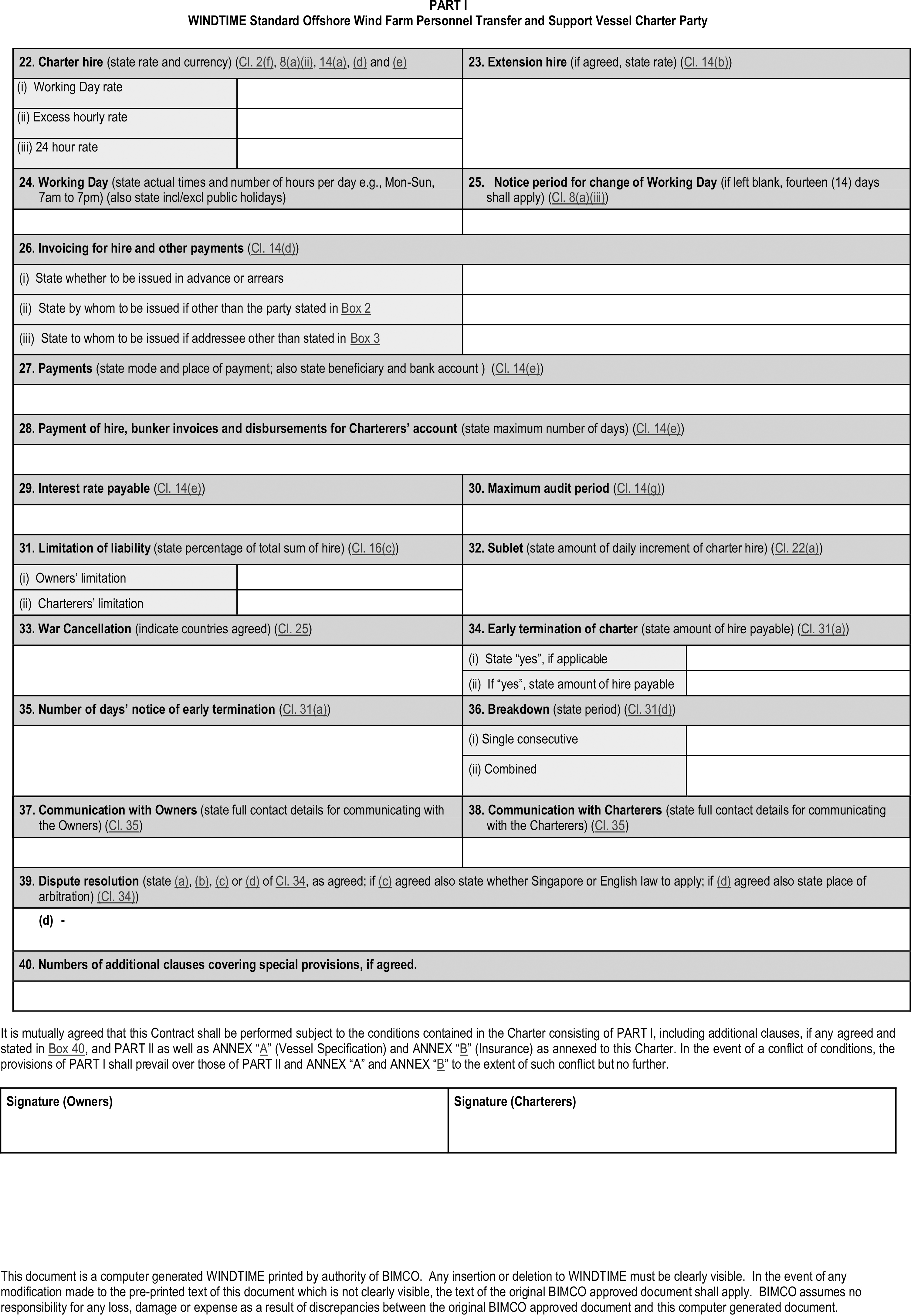 A legal document titled Appendix 9, Part I, WINDTIME Standard Offshore Wind Farm Personnel Transfer and Support Vessel Charter Party. The form contains numbered boxes from 22 to 40 for specifying terms. These include charter hire rates, payment details, limitation of liability, war cancellation, early termination, communication with owners and charterers, and dispute resolution. An agreement paragraph is followed by two blank signature boxes, one for the Owners and one for the Charterers. A disclaimer from BIMCO is at the bottom.