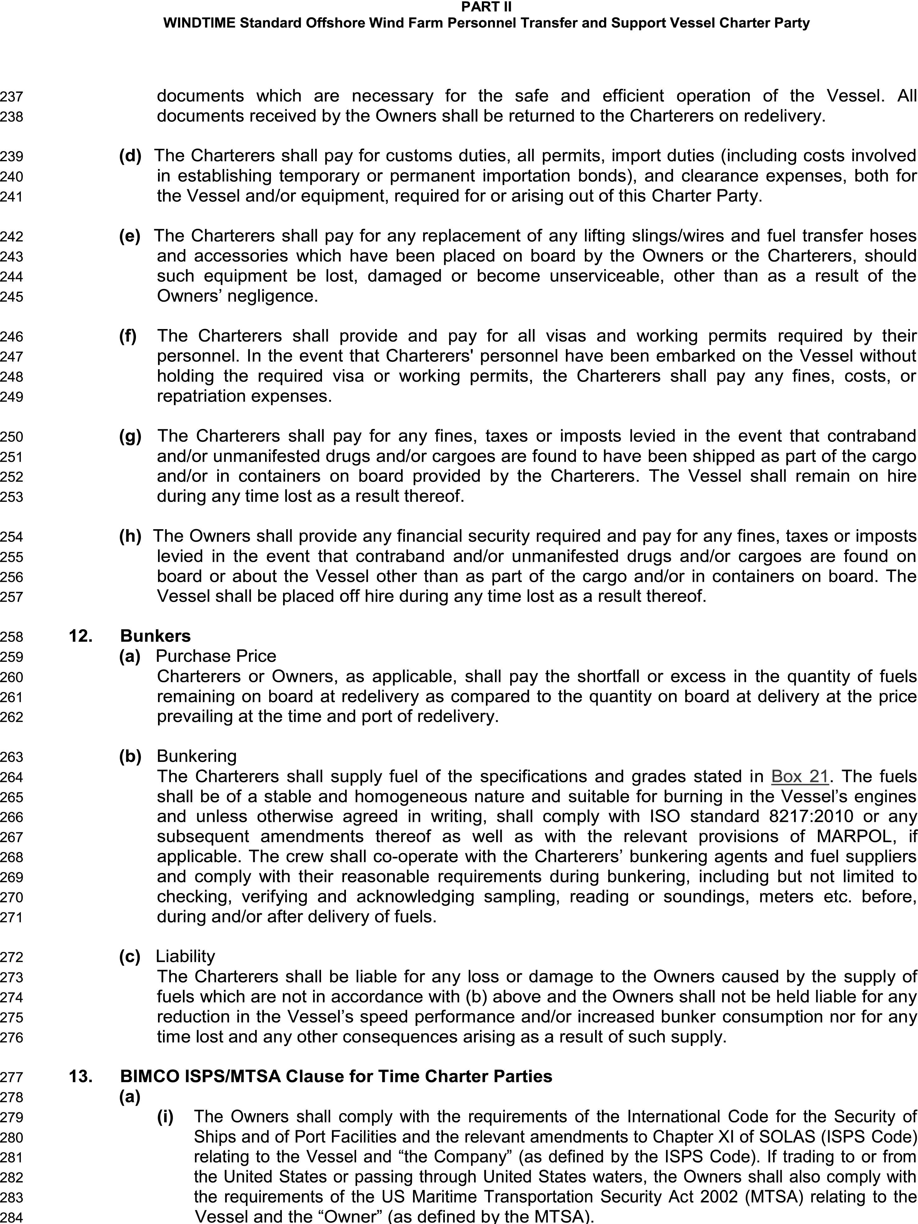 A legal document titled Appendix 9, Part II, WINDTIME Standard Offshore Wind Farm Personnel Transfer and Support Vessel Charter Party, with lines 237 to 284. The text details charterers’ responsibilities for customs, visas, and contraband. Clause 12, Bunkers, outlines rules for the purchase price, supply, and liability for the vessel’s fuel. Clause 13, the BIMCO ISPS/MTSA Clause for Time Charter Parties, states the owners’ obligations to comply with international and United States maritime security codes, including the ISPS Code and the MTSA.
