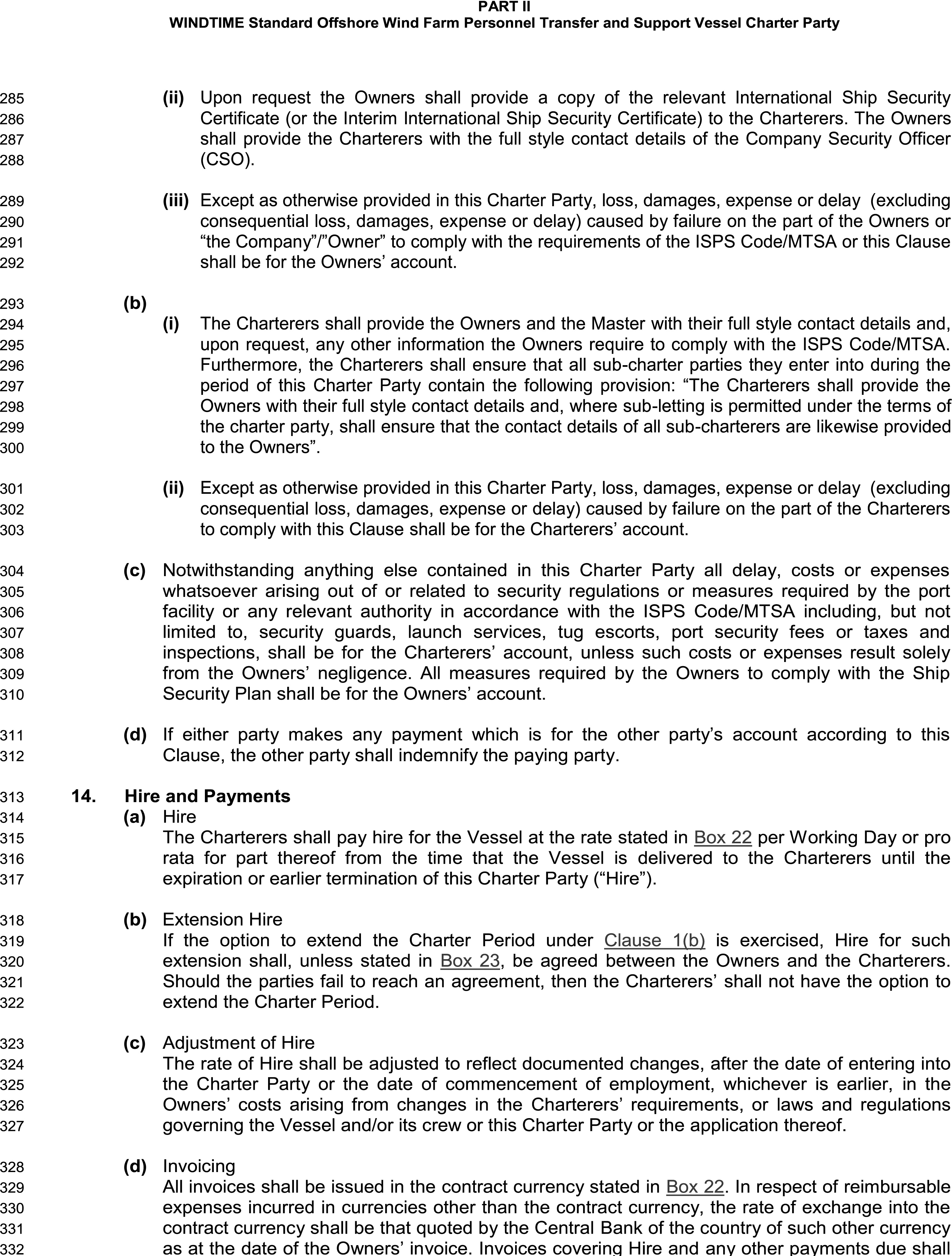 A legal document titled Appendix 9, Part II, WINDTIME Standard Offshore Wind Farm Personnel Transfer and Support Vessel Charter Party, with lines 285 to 332. The text outlines responsibilities for security compliance under the ISPS Code/MTSA. The main section is Clause 14, Hire and Payments, which details financial terms. This clause includes sub-sections on Hire, covering payment rates for the vessel, Extension Hire for extending the charter period, Adjustment of Hire for rate changes, and Invoicing procedures for issuing payments.