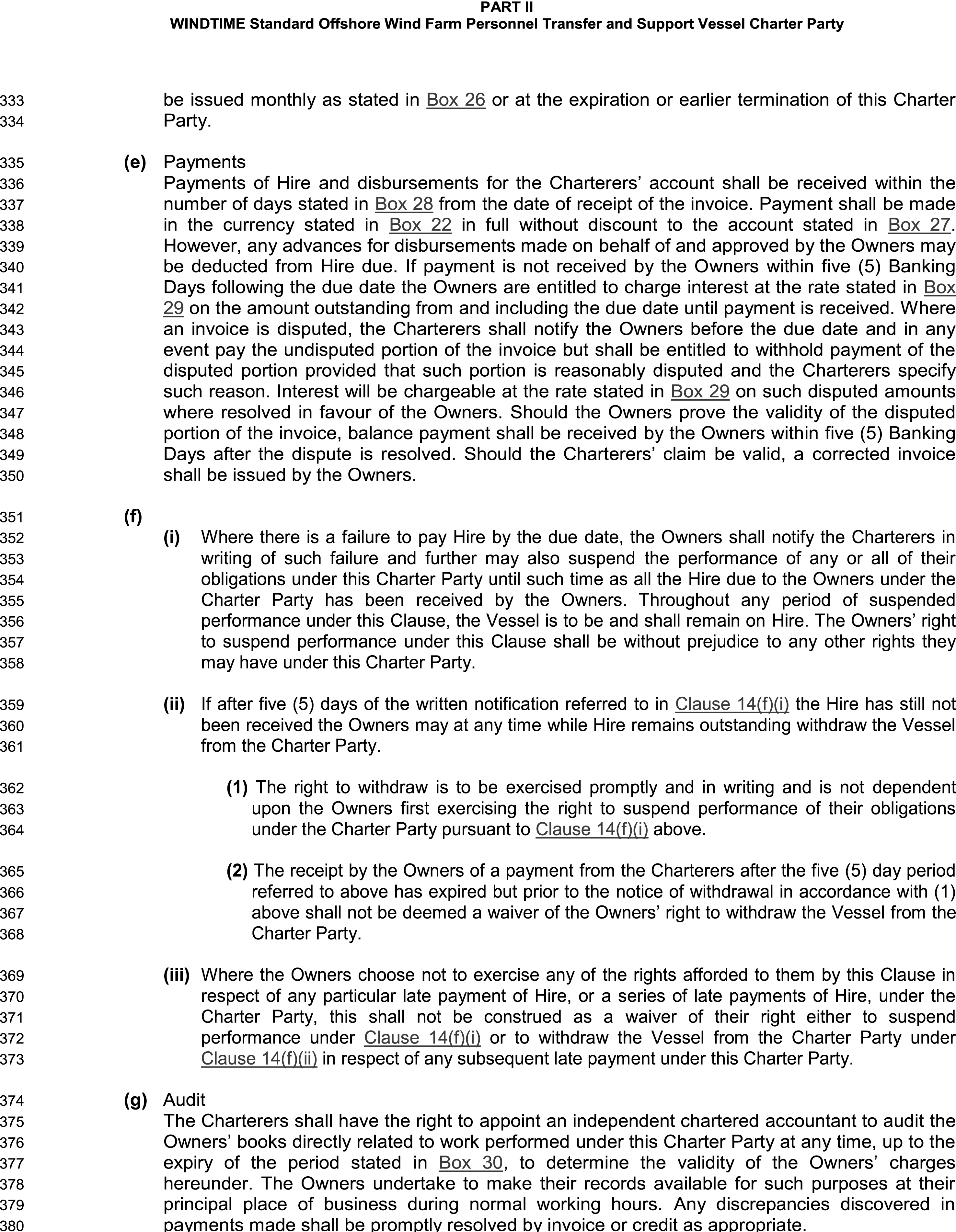 A legal document titled Appendix 9, Part II, WINDTIME Standard Offshore Wind Farm Personnel Transfer and Support Vessel Charter Party, with lines 333 to 381. The text outlines payment procedures, interest on late payments, and the handling of disputed invoices. It details the owners’ rights in case of non-payment, including suspending obligations and withdrawing the vessel. An“Audit” clause grants charterers the right to appoint an accountant to verify charges. The page concludes with the beginning of Clause 15,“Off hire”.