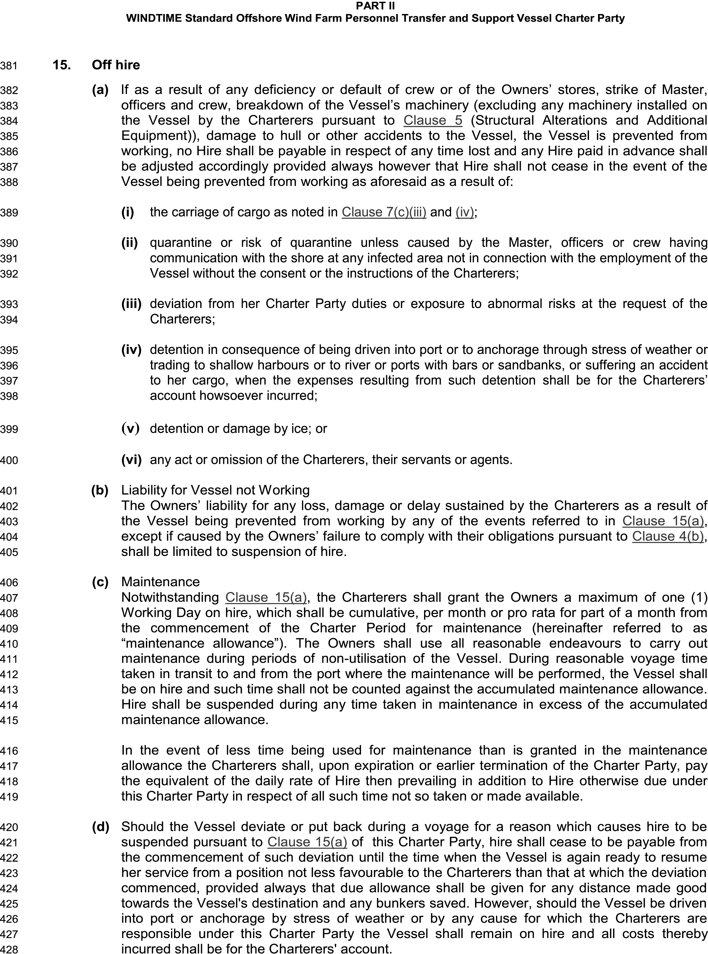 A legal document titled Appendix 9, Part II, WINDTIME Standard Offshore Wind Farm Personnel Transfer and Support Vessel Charter Party, with lines 382 to 428. The text specifies conditions where vessel hire is not payable due to deficiency or breakdown, but lists exceptions such as quarantine or detention. It also includes clauses on Liability for Vessel not Working, which limits the owners’ liability, and Maintenance, which details a maintenance allowance. A final clause addresses financial arrangements if the vessel must deviate from its voyage.
