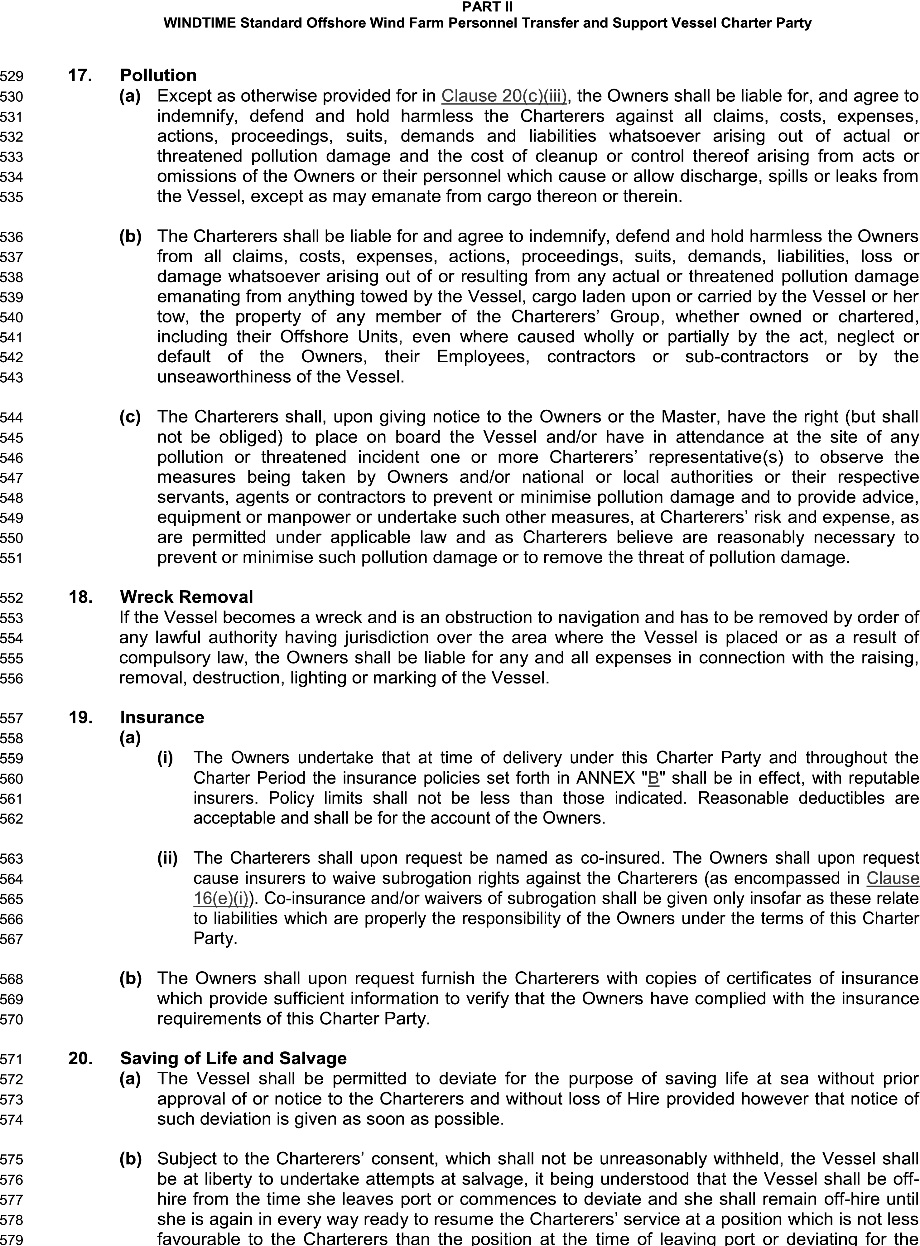 A legal document titled Appendix 6, Part II, WINDTIME Standard Offshore Wind Farm Personnel Transfer and Support Vessel Charter Party, with lines 530 to 579. The text covers pollution liability and introduces three main clauses. Clause 18, Wreck Removal, details the owners’ liability for removing the vessel if it becomes a wreck. Clause 19, Insurance, outlines requirements for insurance policies and co-insurance. Clause 20, Saving of Life and Salvage, describes conditions under which the vessel may deviate to save lives or attempt salvage.
