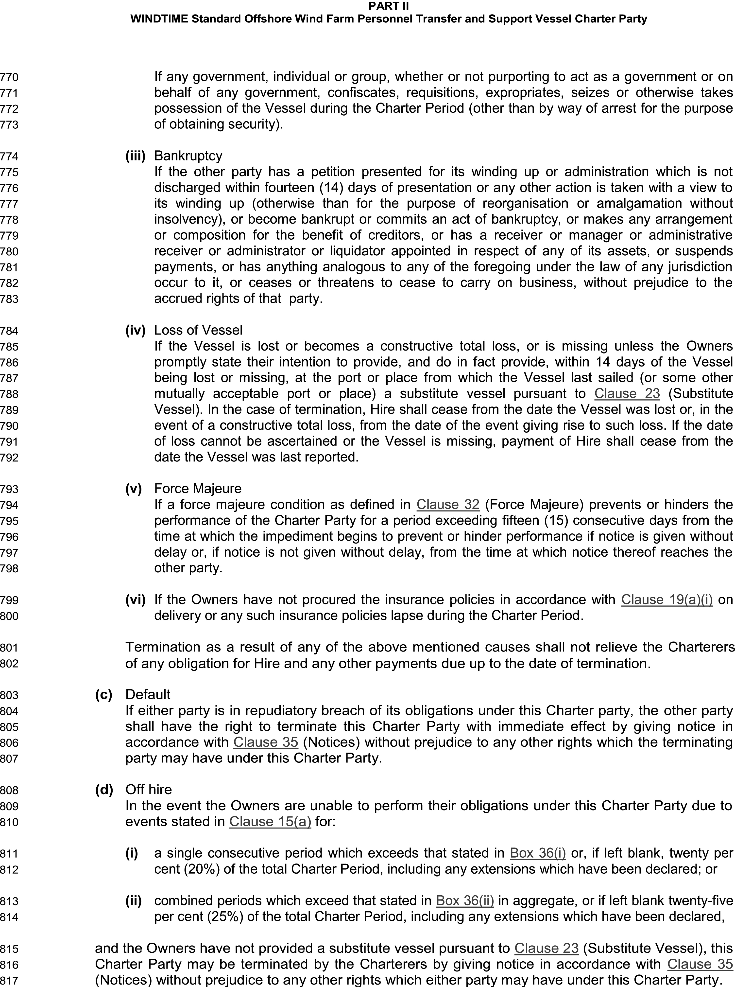 A legal document titled Appendix 9, Part II, WINDTIME Standard Offshore Wind Farm Personnel Transfer and Support Vessel Charter Party, with lines 770 to 817. The text outlines conditions for terminating the charter agreement. These conditions include sub-clauses on Bankruptcy, Loss of Vessel, Force Majeure, and failure to procure insurance. The document also includes Clause c on Default, which allows for termination due to a breach of contract, and Clause d on Off hire, which details scenarios of non-performance by the owners.
